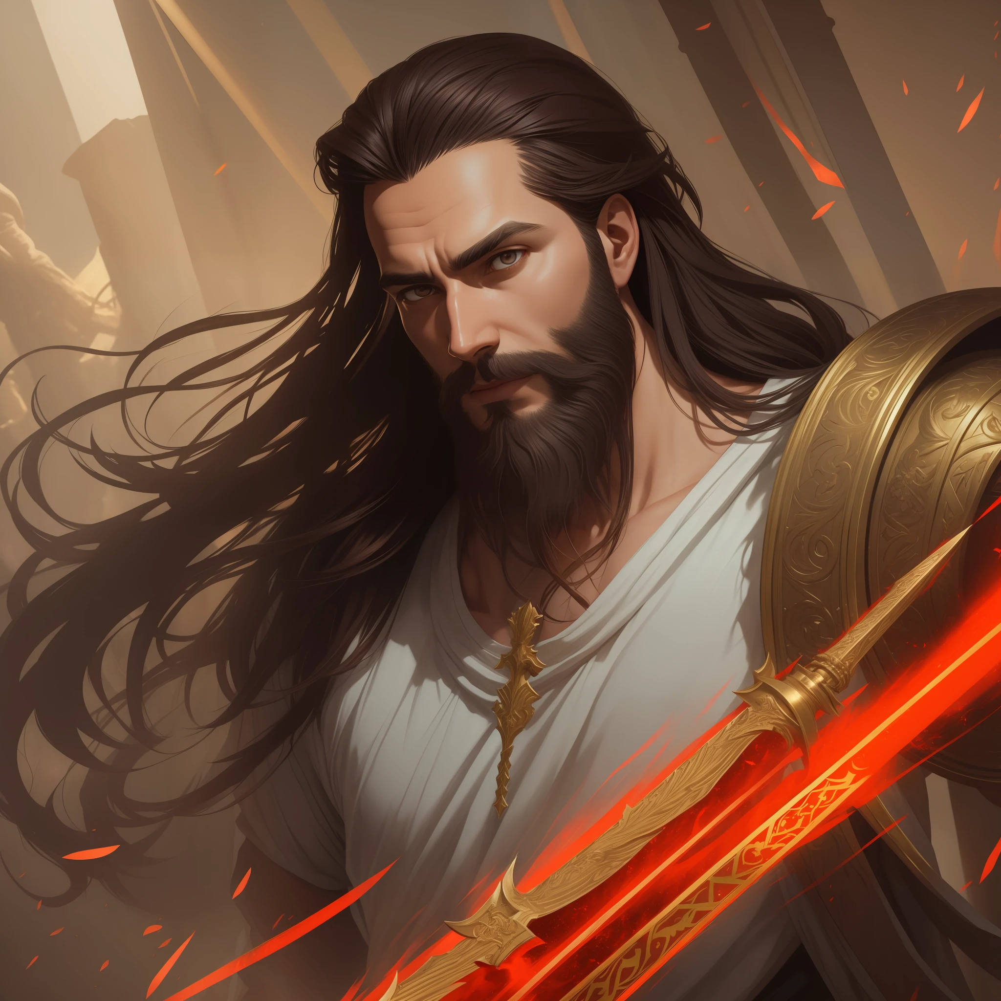 "Jesus Christ, with medium beard, (dark brown hair and beard), dressed in white and red tonic with a luminous crown on his head, intricate, elegant, highly detailed, majestic" Jesus Christ using a golden sword fighting the devil a giant red dragon, "Devil, a humanoid red dragon with 7 ciphers", digital photography, art by artgerm and ruan jia and greg rutkowski surreal painting (masterpiece,  Side lighting, beautiful finely detailed eyes: 1.2), HDR