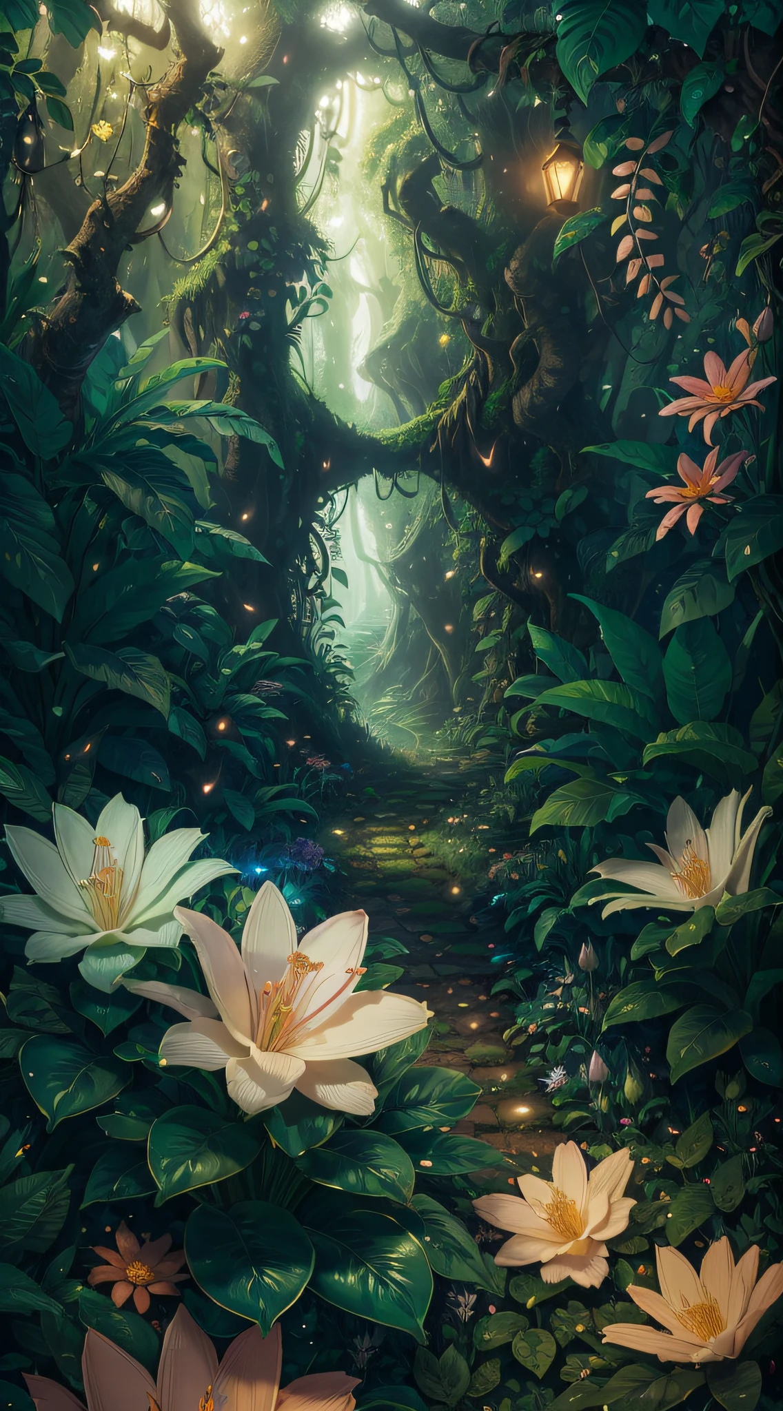 (mega detailed CG unity 8k wallpaper, artwork), high contrast, thick fog, jungle, emerald greenery, magical lighting, leaf cutter, crown of flowers. --auto --s2