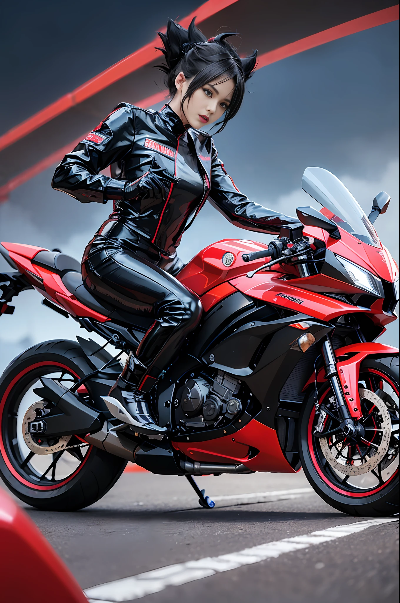Goku Saiyan is riding Akira's iconic bike. The bike is a futuristic blend of advanced technology with an aerodynamic design. It has a bright metallic red body, with black accents and angular lines that convey a sense of speed and power. The bike is a custom red Yamaha with a futuristic and aggressive design. It features streamlined lines and metallic details, reflecting a futuristic and technological aesthetic. The bike is a custom red Yamaha with a futuristic and aggressive design. It features streamlined lines and metallic details, reflecting a futuristic and technological aesthetic. --auto --s2