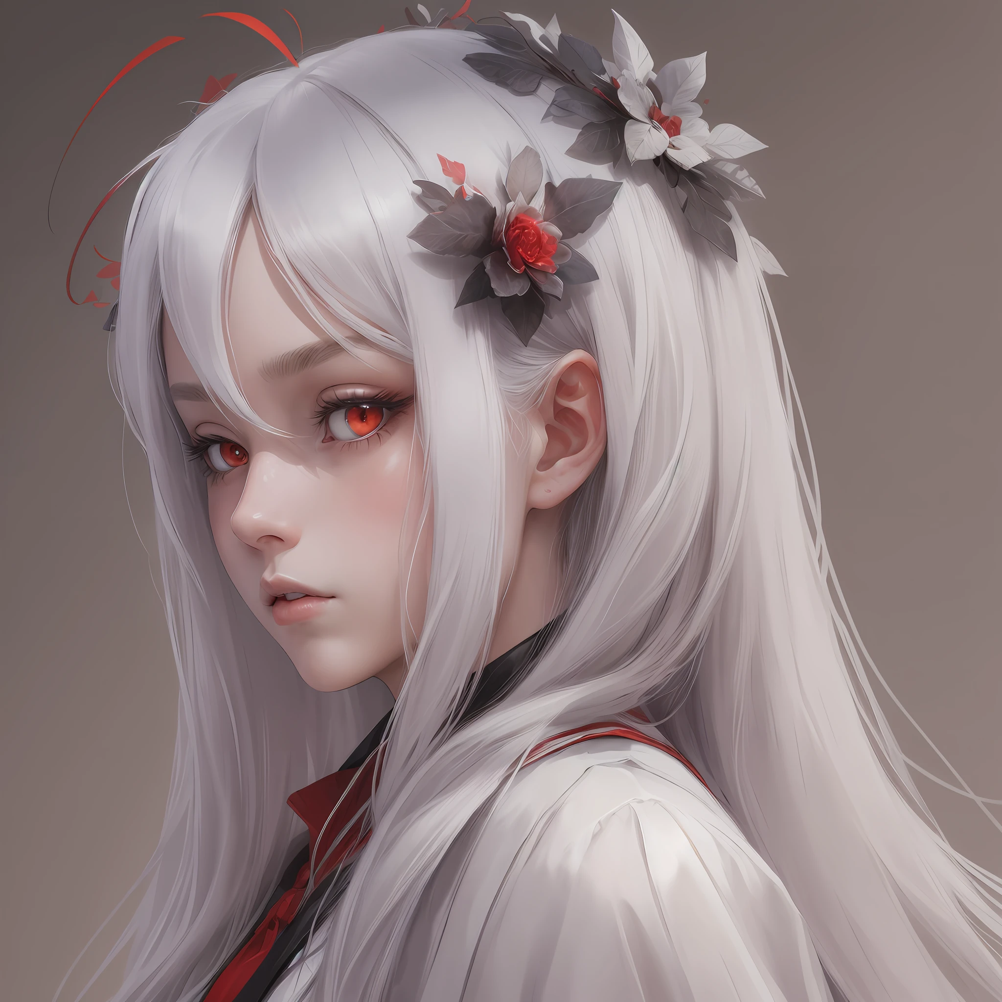 masterpiece, best quality, 1person, solo, long hair, looking at viewer, long white hair, red strands, red eyes, upturned sanpaku eyes, hair between eyes, upper body, split lips, sideways, skin trim, profile, capelet, white clothes, blushing slightly, looking at the viewer --auto --s2