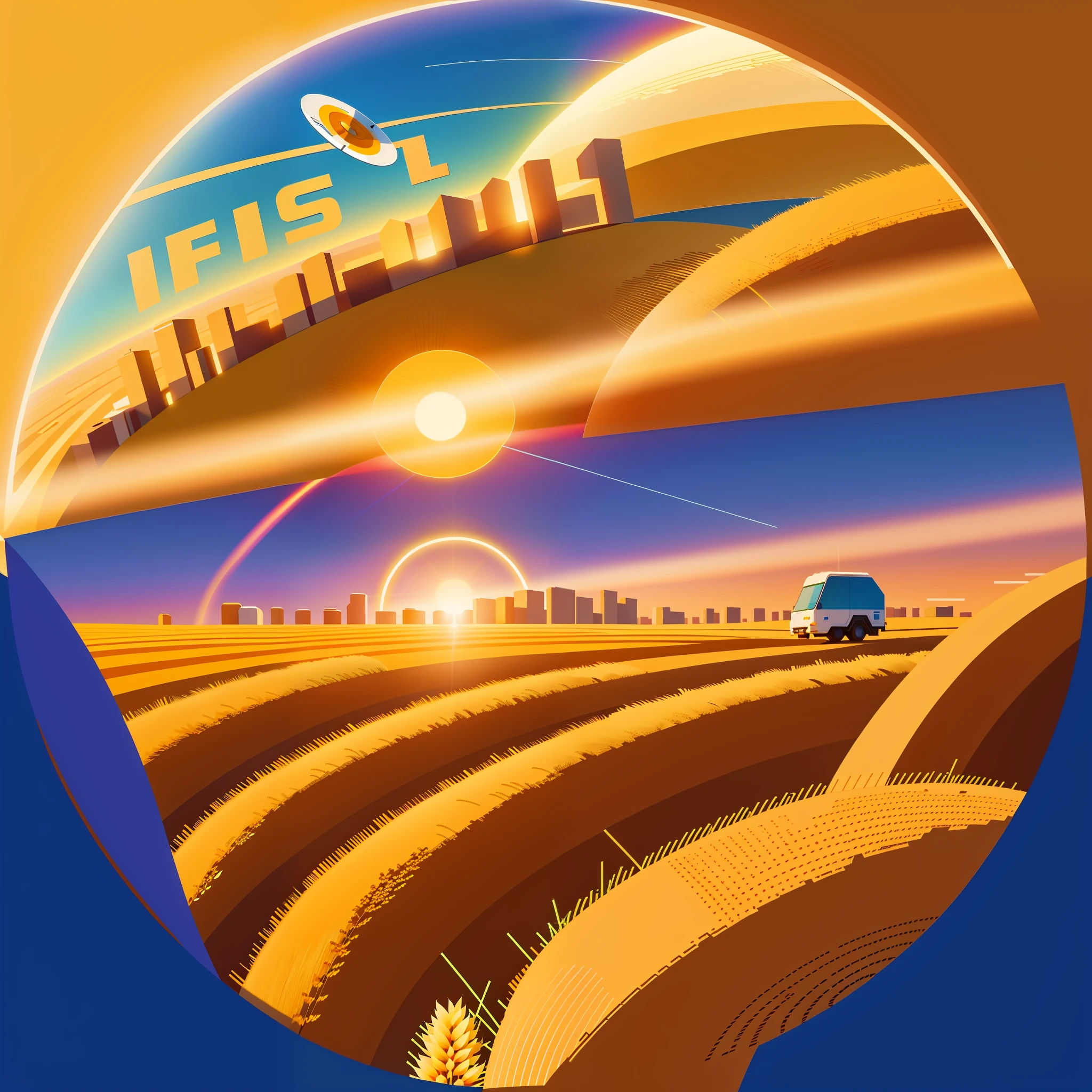 circular brand logo with a satellite flying and a wheat field, vector flata 2d, simple logo, minimalism, transparency, round emblem with minimalist design, weights, digital vector graphic style, logo design work, accurate design, palette with great detail precision, isometric, 4k, high resolution, hand draw style