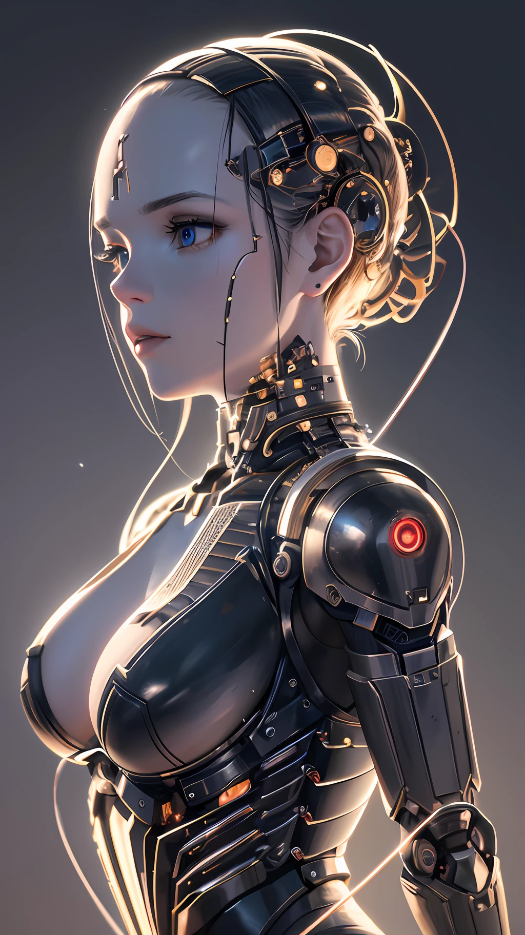 Beautiful portrait photograph of a mechanical girl/android((ultra realistic details)), cinematic illumination, shadows and light, octane render, 8k, ultra sharp,metal,intricate, ornaments detailed, cold colors, Babylonian theme, highly intricate details, realistic light, trending on cgsociety, glowing eyes, facing camera, neon details, mechanical limbs,blood vessels connected to tubes,mechanical vertebra attaching to back,mechanical cervical attaching to neck,wires and cables connecting to the head