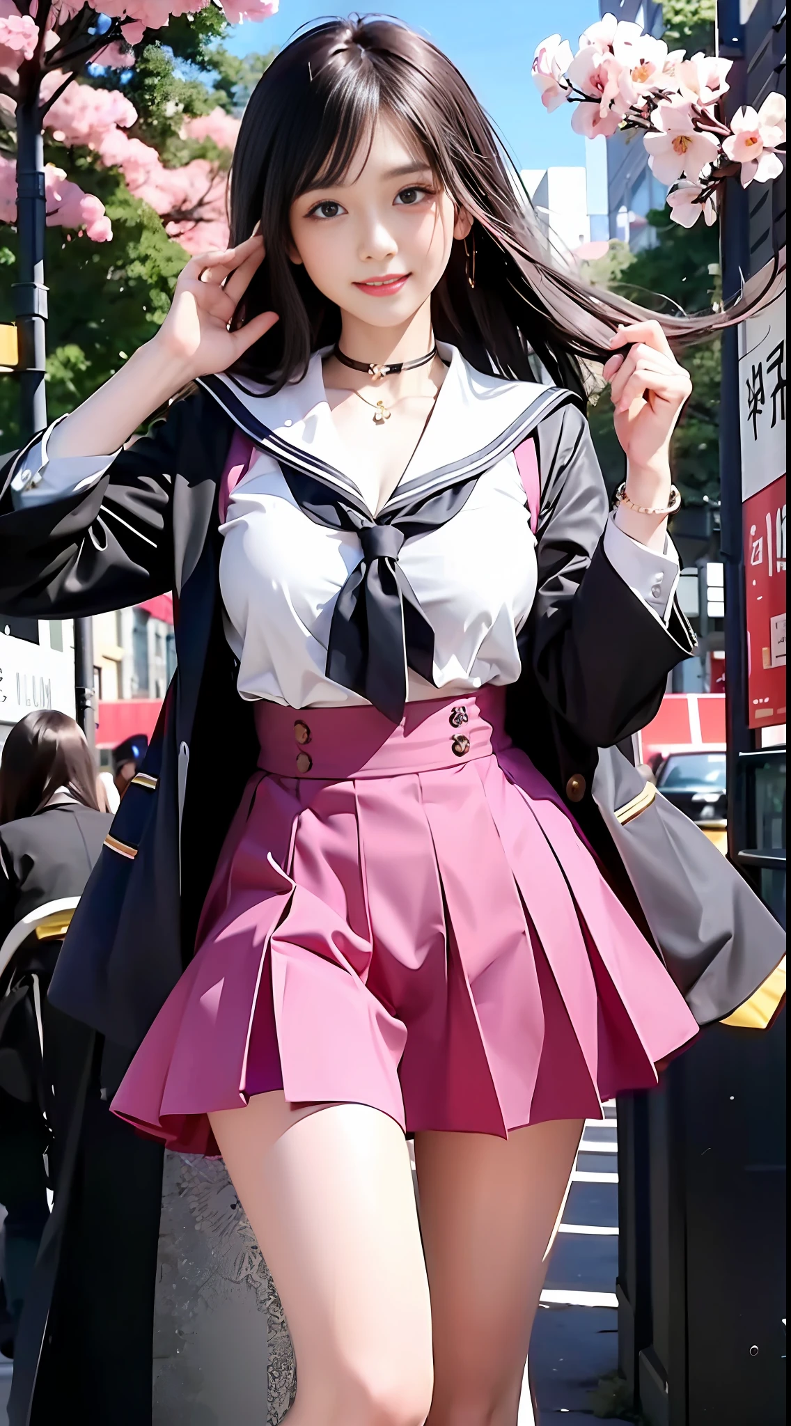 Masterpiece, Superb Piece, Full Body, 1girl, Bangs, Blue Choker, Blue Tie, Black Hair, Light Blue Skirt, Blush, Bracelet, Beautiful Breasts, Collared, Collared Shirt, Sailor Suit, Pierced Ears, Eyebrows Visible Through Hair, Gradient Hair, Grin, Gyaru, Jewelry, Kogal, Long Hair, Looking at the Audience, Loose Tie, Tie, Piercing, Sailor Skirt, Red Eyes, Ring, School Uniform, Smile, Solo, Street, Sky, Cherry Blossoms, Petals, Illustrations, (Magazine: 1.3), (Cover Style: 1.3), Fashion, Woman, Vitality, Dressing, Posing, Front, Colorful, Dynamic, Background, Element, Confident, Expressive, Holding, Statement, Attachment, Majestic, Coiled, Surround, Touch, Scene, Text, Cover, Bold, Eye-catching, Title, Fashion, Font, Catchy, Title, Bigger, Eye-catching, Modern, Fashionable, Focused