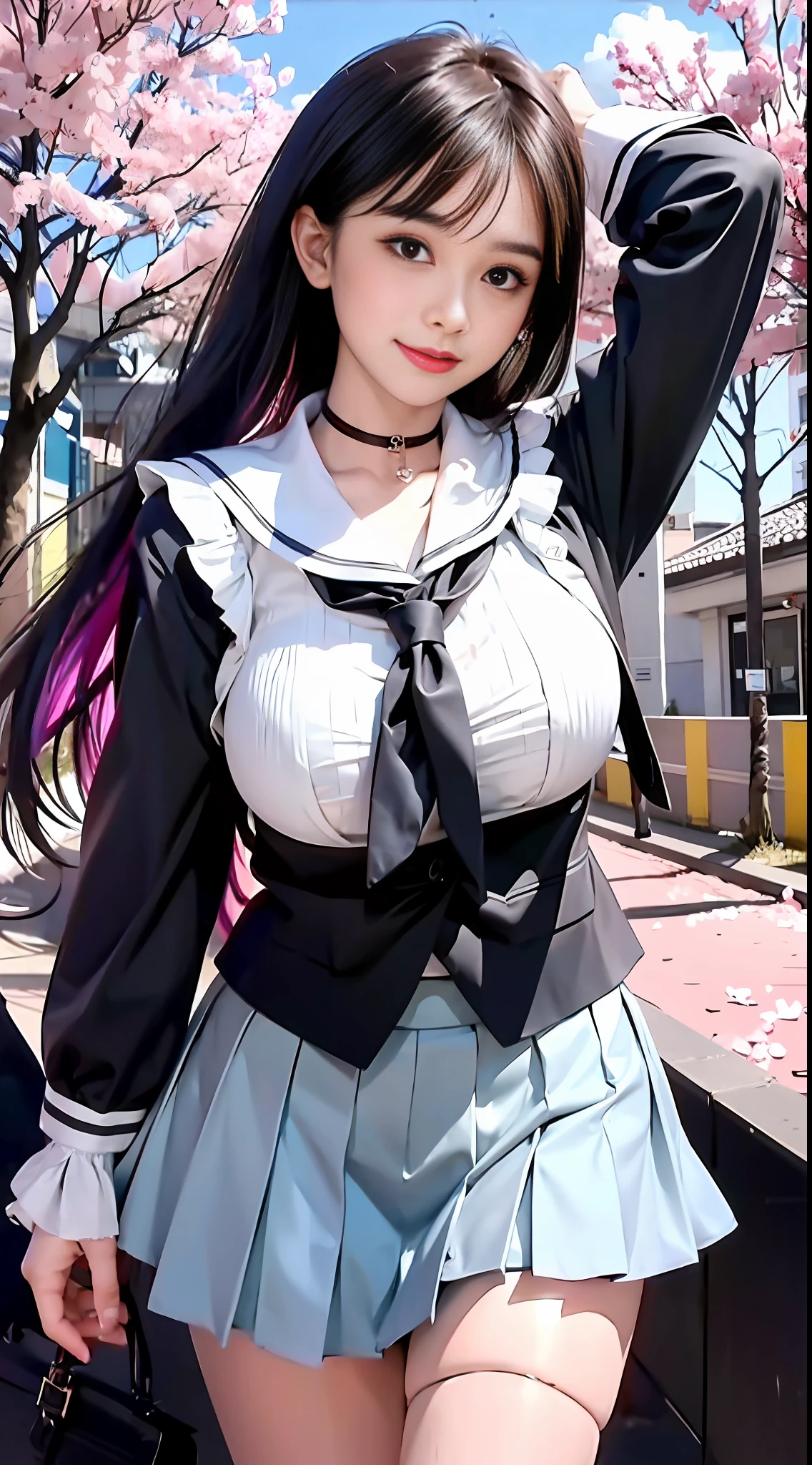 Masterpiece, Superb Piece, Full Body, 1girl, Bangs, Blue Choker, Blue Tie, Black Hair, Light Blue Skirt, Blush, Bracelet, Beautiful Breasts, Collared, Collared Shirt, Sailor Suit, Pierced Ears, Eyebrows Visible Through Hair, Gradient Hair, Grin, Gyaru, Jewelry, Kogal, Long Hair, Looking at the Audience, Loose Tie, Tie, Piercing, Sailor Skirt, Red Eyes, Ring, School Uniform, Smile, Solo, Street, Sky, Cherry Blossoms, Petals, Illustrations, (Magazine: 1.3), (Cover Style: 1.3), Fashion, Woman, Vitality, Dressing, Posing, Front, Colorful, Dynamic, Background, Element, Confident, Expressive, Holding, Statement, Attachment, Majestic, Coiled, Surround, Touch, Scene, Text, Cover, Bold, Eye-catching, Title, Fashion, Font, Catchy, Title, Bigger, Eye-catching, Modern, Fashionable, Focused