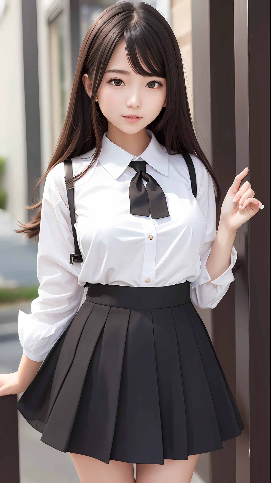 A close up of a woman in a skirt and a white shirt - SeaArt AI