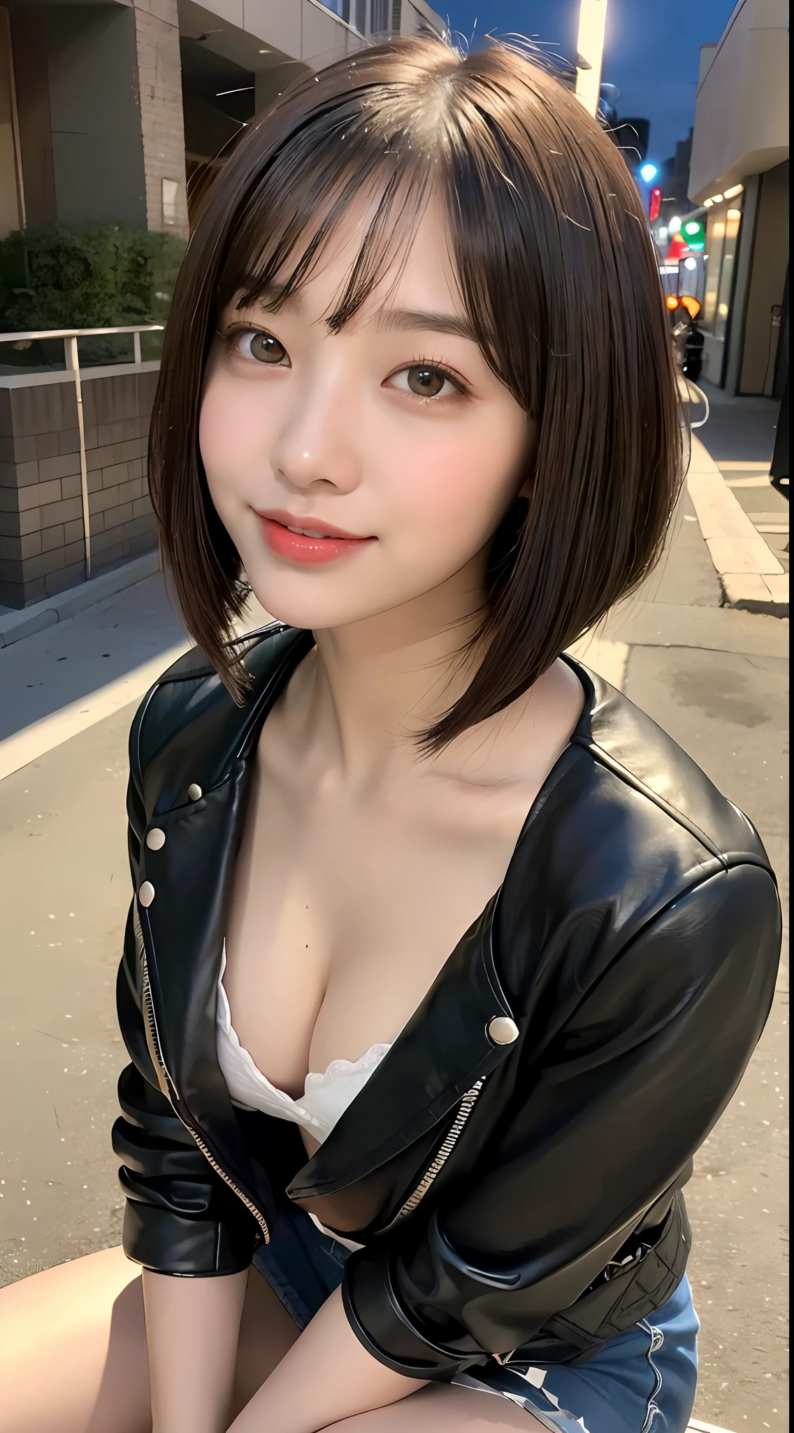 ((natural night lighting, 8k, top quality, masterpiece: 1.3)), (realistic, crisp focus: 1.2), very delicate and very cute woman: 1.4, ((one girl)), (straddling a motorcycle, straddling, motorcycle), perfect style, ultra detailed, high resolution, (tight skirt, leather riders jacket: 1.1), (dark brown hair, short, Bob Cut Hair: 1.2), cleavage, (big, full body: 1.3), very detailed face and skin texture, highly detailed lip texture, red lips, beautiful detailed eyes, smile, shiny lips, eye makeup, street, night, realistic shadows, angle from behind