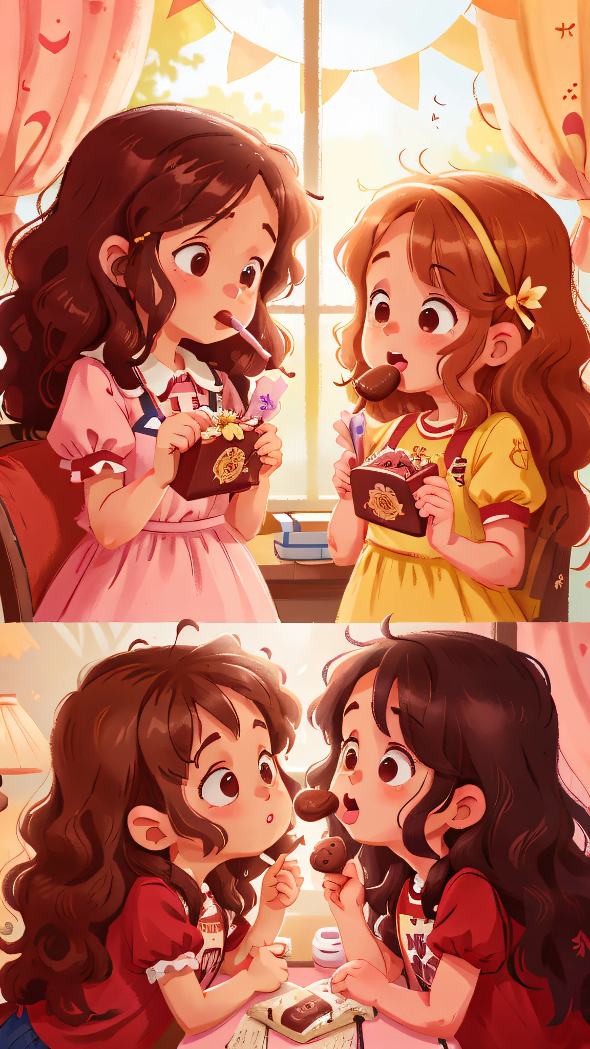 Two girls, twins, curly brown hair, eating chocolate