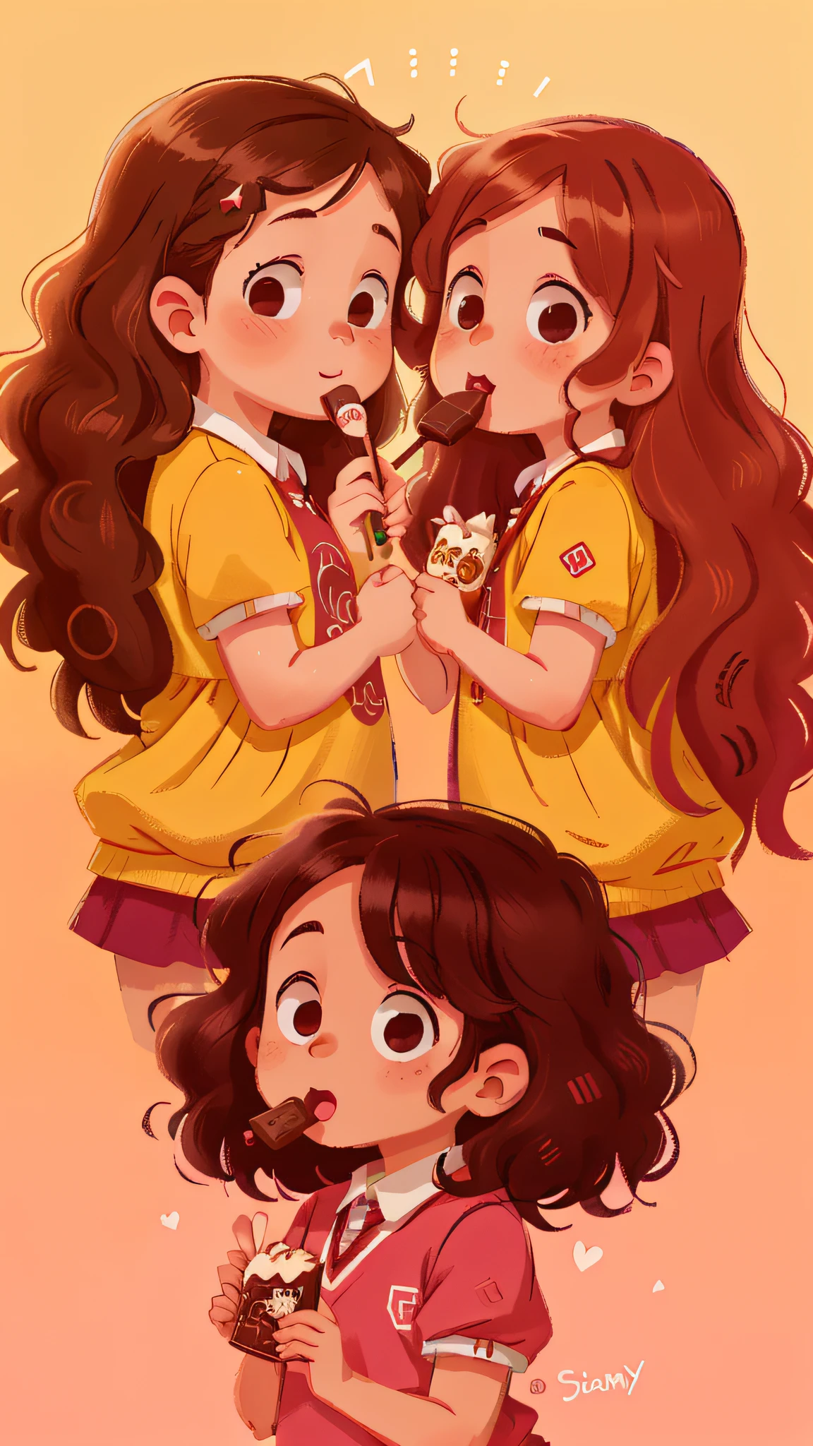 Two girls, twins, curly brown hair, eating chocolate