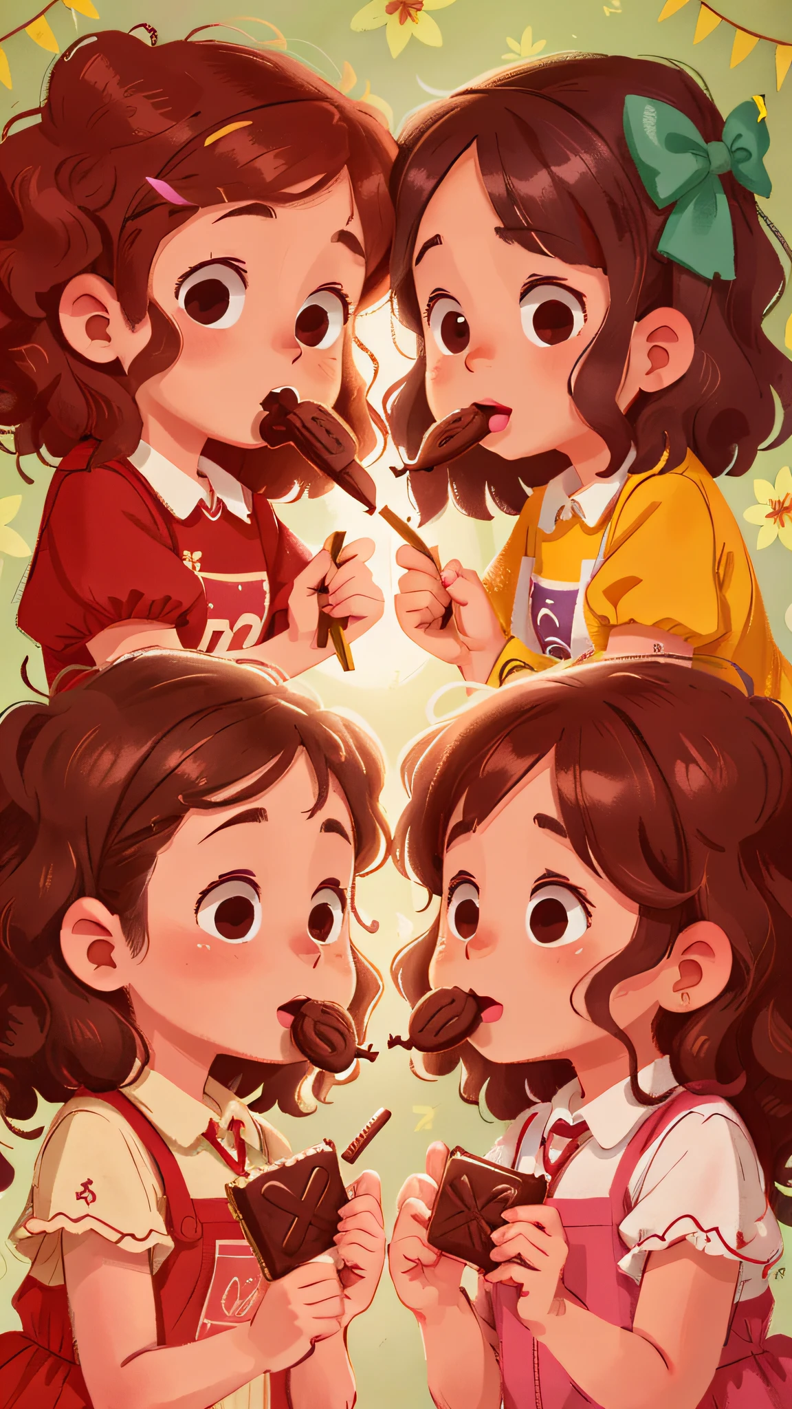 Two girls, twins, curly brown hair, eating chocolate