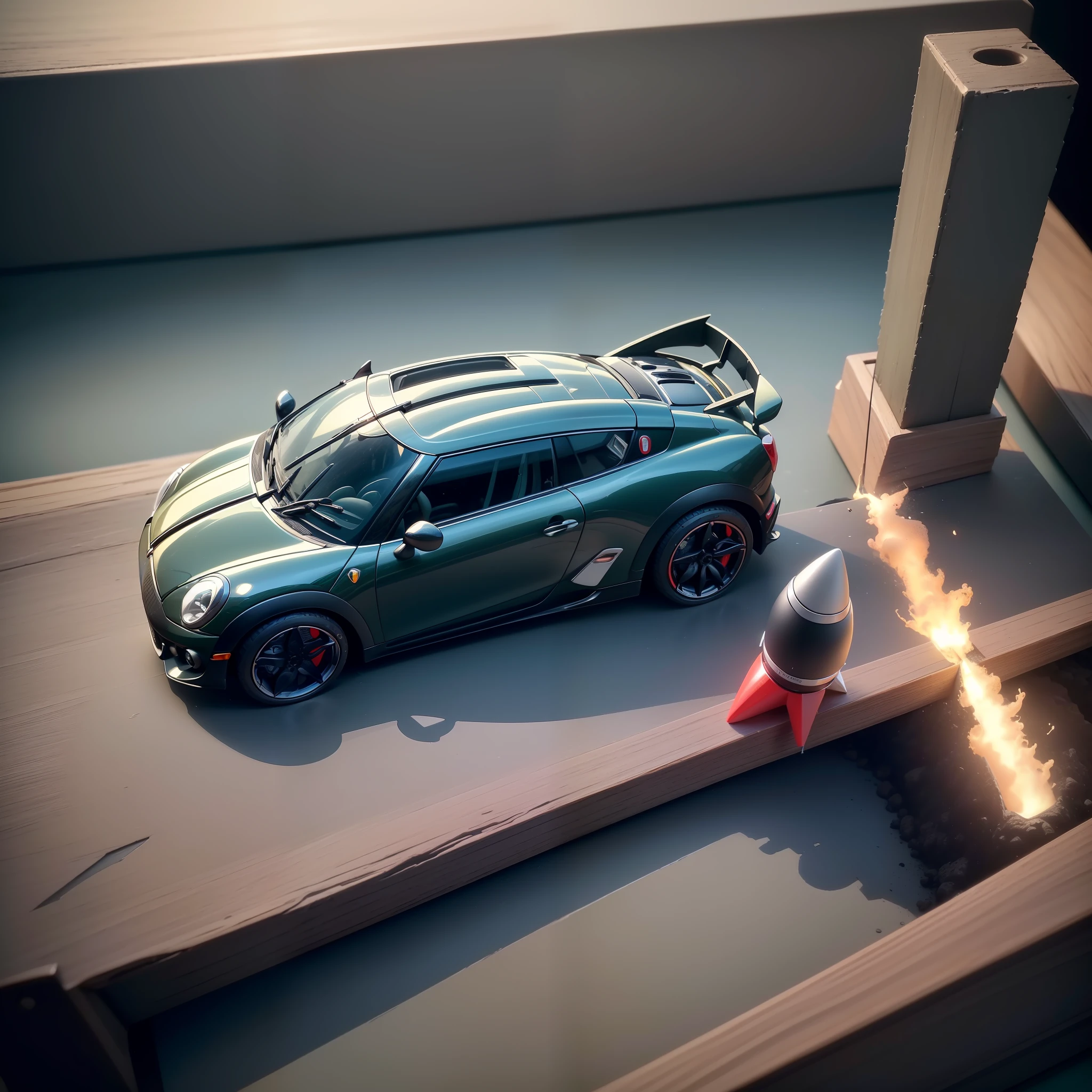 mini\(ttp\), (8k, RAW photo, best quality, Perfect detail,masterpiece:1.5),miniature Lamborghini Ferrari, Launch button(miniature rocket :1.3),isometric, miniature, landscape on foundation,landscape,(on desk:1.3),