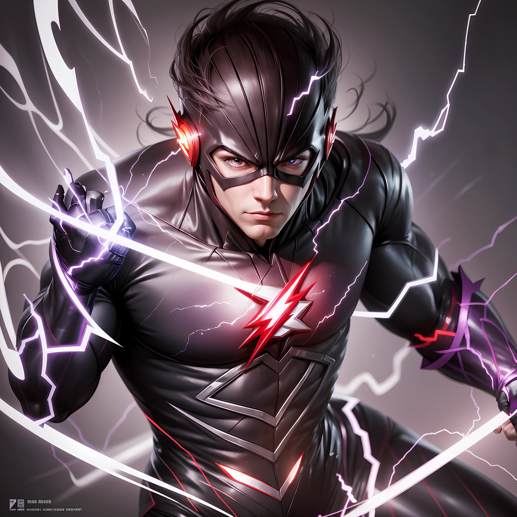 create an image of the superhero "The Flash", his trage with the colors, white, black, red, the ray on his chest of silver color, his eyes of violet color, ultra realistic, with more detailed exposure, add effect on his uniform