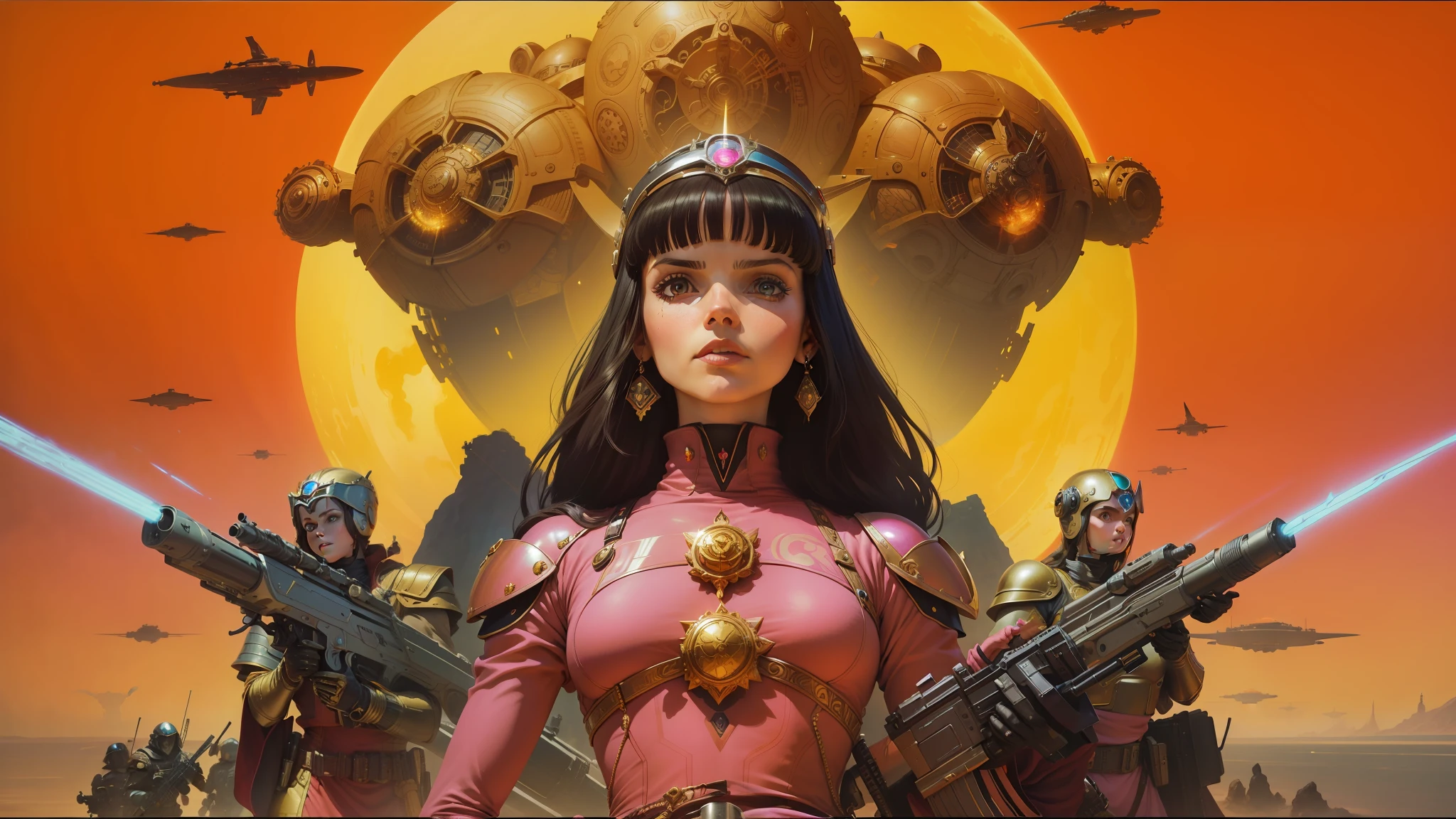 arafed image of a woman in a pink dress with guns, jodorowsky's dune, stephen hickman, key art, the coming ai singularity, inspired by Jim Steranko, shiny plastic armor, pc boxart, gilded lotus princess, donoto giancola, looks like christina ricci, seventies --auto --s2