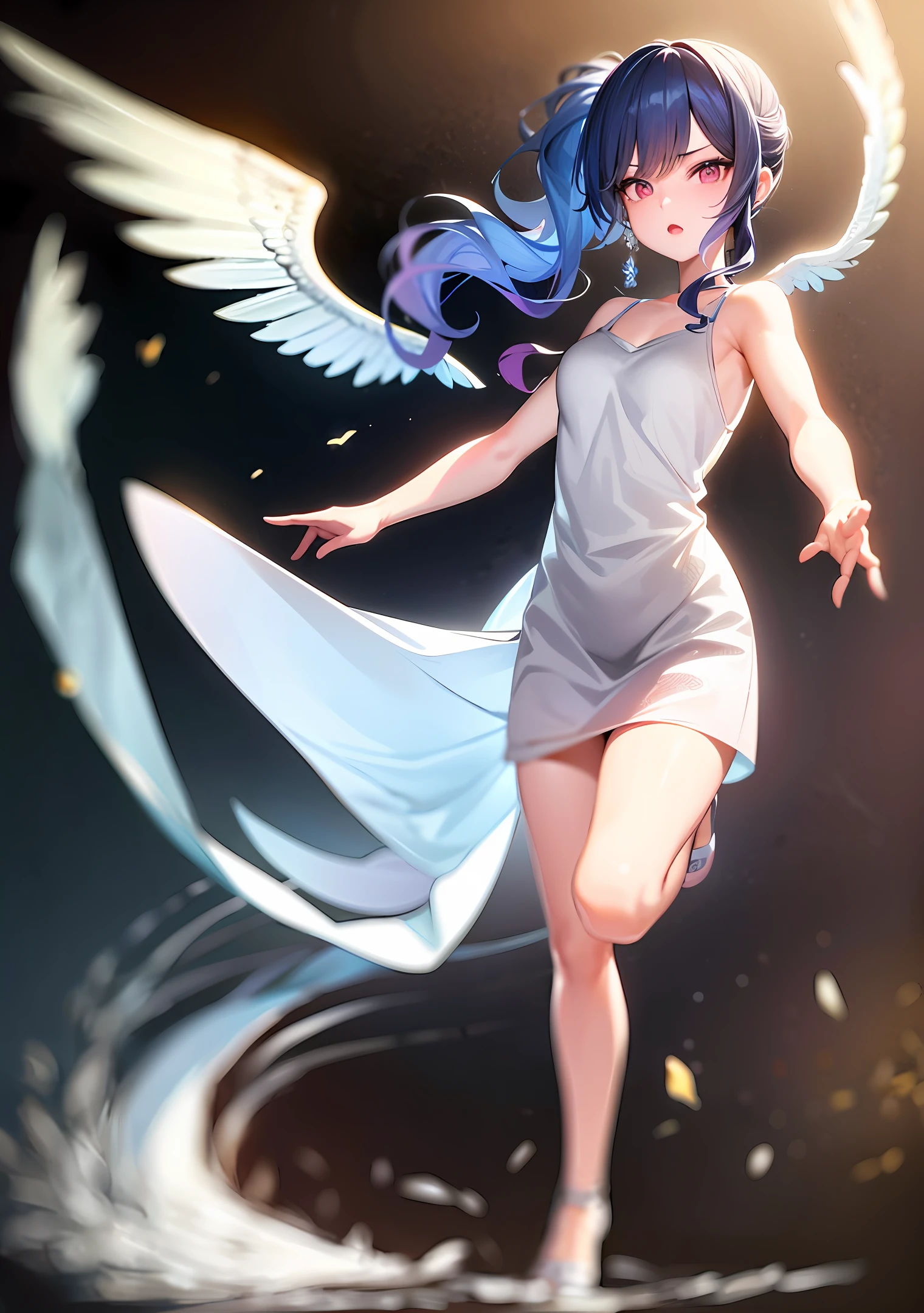 2d, masterpiece, best quality, anime, highly detailed face, highly detailed eyes, highly detailed background, perfect lighting, full body, 1girl, solo, oozora subaru, short blue hair, pink eyes, white long dress, beautiful girl, angel wings, falling into the water in the sky