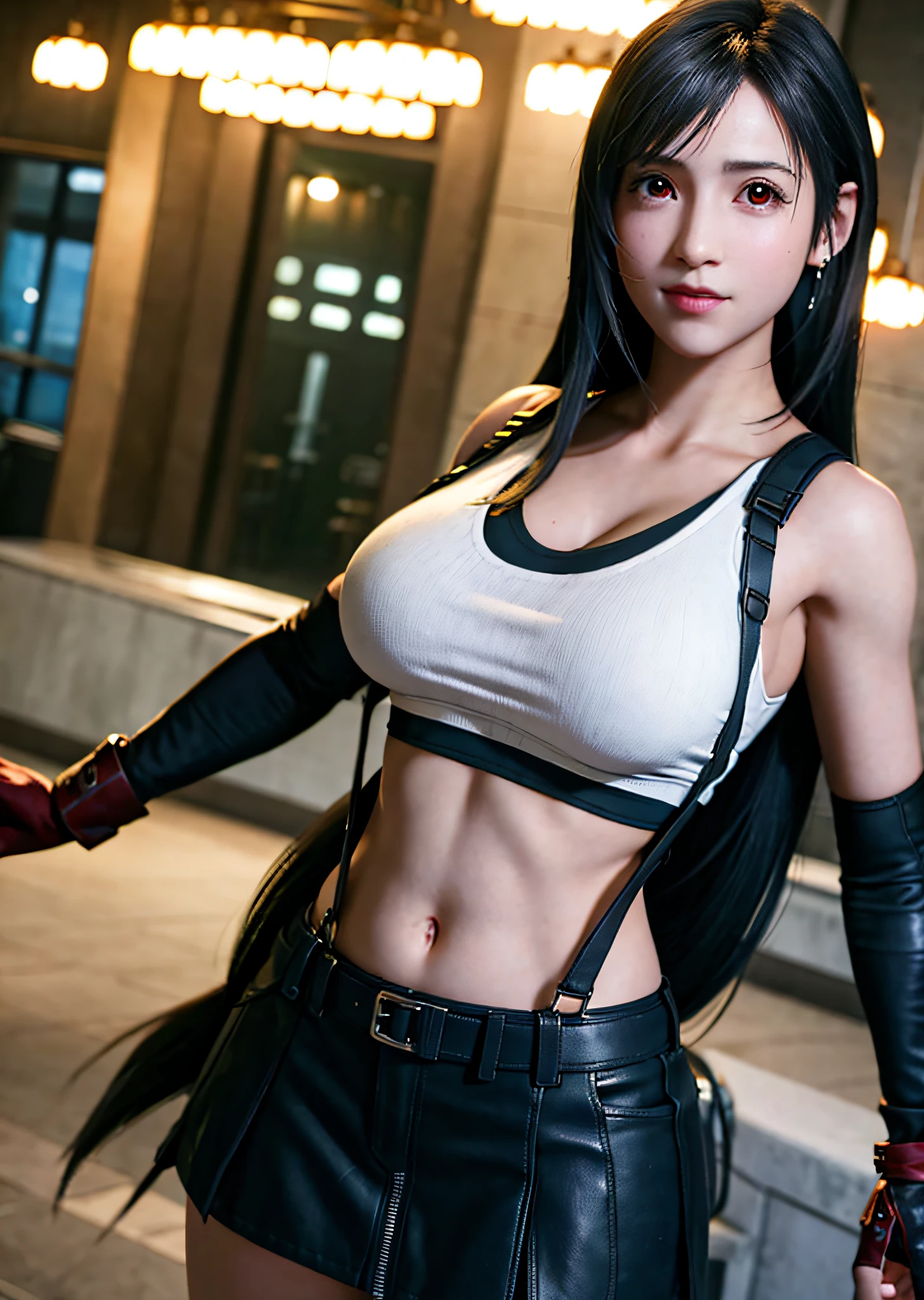 (Photorealistic: 1.4), top quality, very delicate and beautiful, high resolution, 1girl, tifa_lockhart, smile, cowboy shot, suspenders, low rise, mini skirt, tank top, tense shirt, black hair, long hair, elbow gloves, beautiful detailed red eyes, face light, movie lighting, navel, high exposure, abdomen exposure, ribs, abs, ( gigantic breasts: 1.2), dynamic poses, dynamic angles,