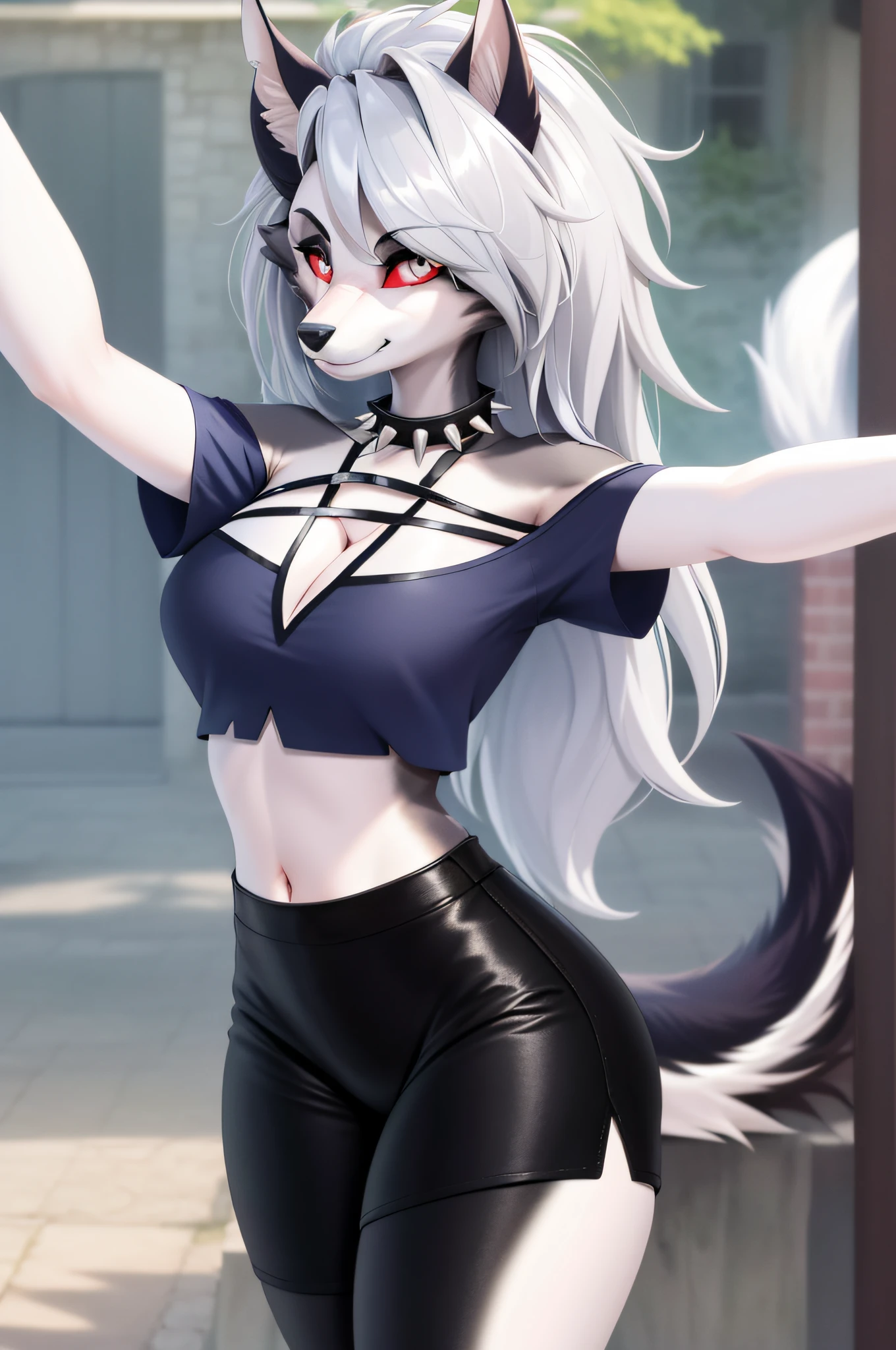 masterpiece, best quality, facial portrait of a female anthro loona hellhound, loonacroptop, detailed face, detailed eyes, cropped pupils, white eyes, red sclera, happy, tight pants, tight and detailed black leggings, [smile, [spiked necklace], pentagram], standing, standing, looking at the viewer, outside, neighborhood in the background, coquettish expression, somewhat large thighs, selfie, taking a selfie,  Winking eye