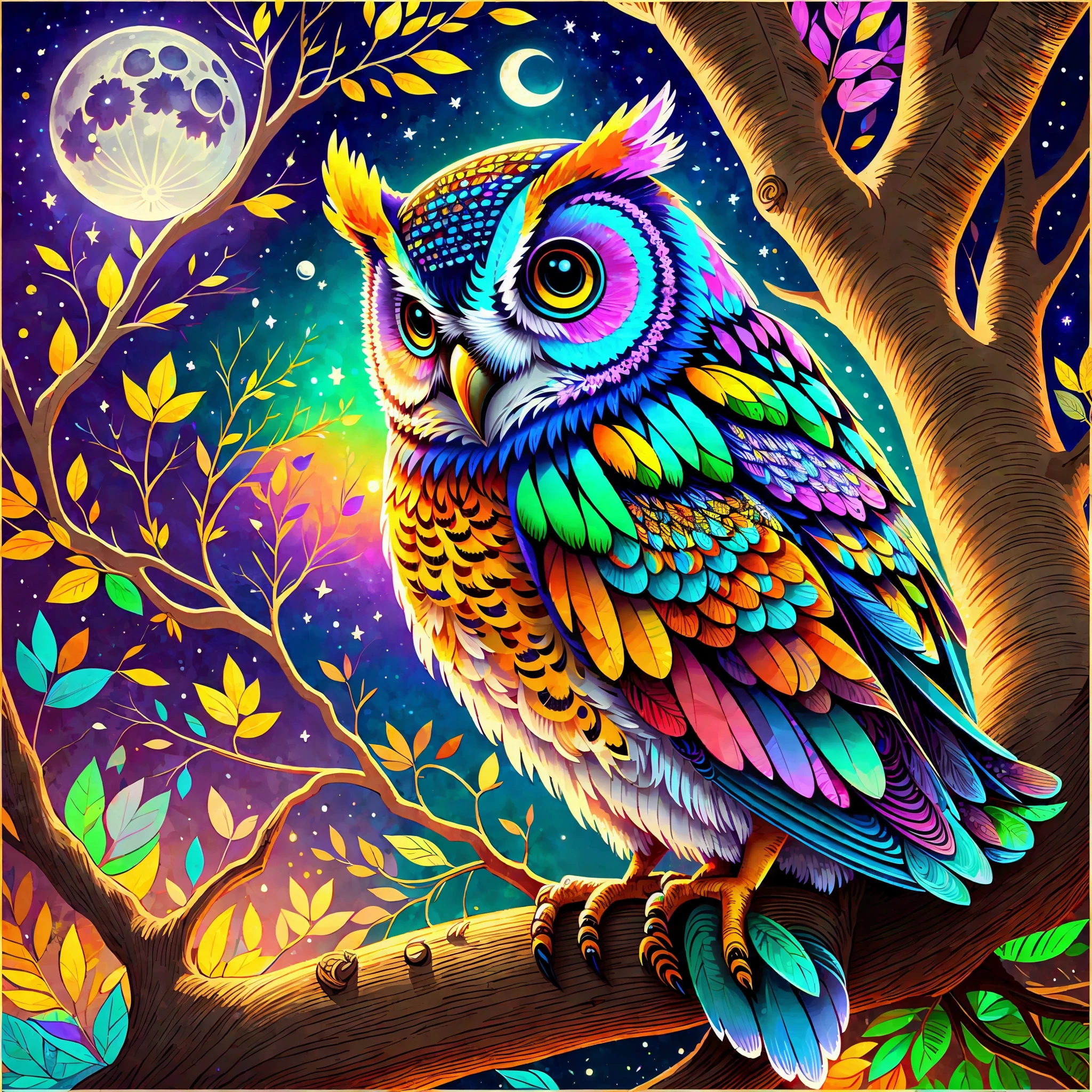 colorful owl in a tree, full moon, moonlight, masterpiece, colorful, splash, color, vibrant, stunning, cartoon style --auto --s2