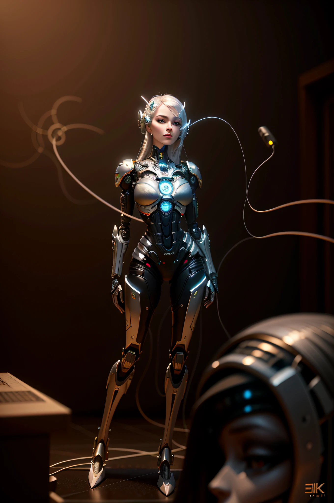 complex 3d render ultra detailed of a beautiful porcelain profile woman android face, cyborg, robotic parts, 150 mm, beautiful studio soft light, rim light, vibrant details, luxurious cyberpunk, lace, hyperrealistic, anatomical, facial muscles, cable electric wires, microchip, elegant, beautiful background, octane render, H. R. Giger style, 8k, best quality, masterpiece, illustration, an extremely delicate and beautiful, extremely detailed ,CG ,unity ,wallpaper, (realistic, photo-realistic:1.37),Amazing, finely detail, masterpiece,best quality,official art, extremely detailed CG unity 8k wallpaper, absurdres, incredibly absurdres, , robot, silver halmet, full body, sitting
