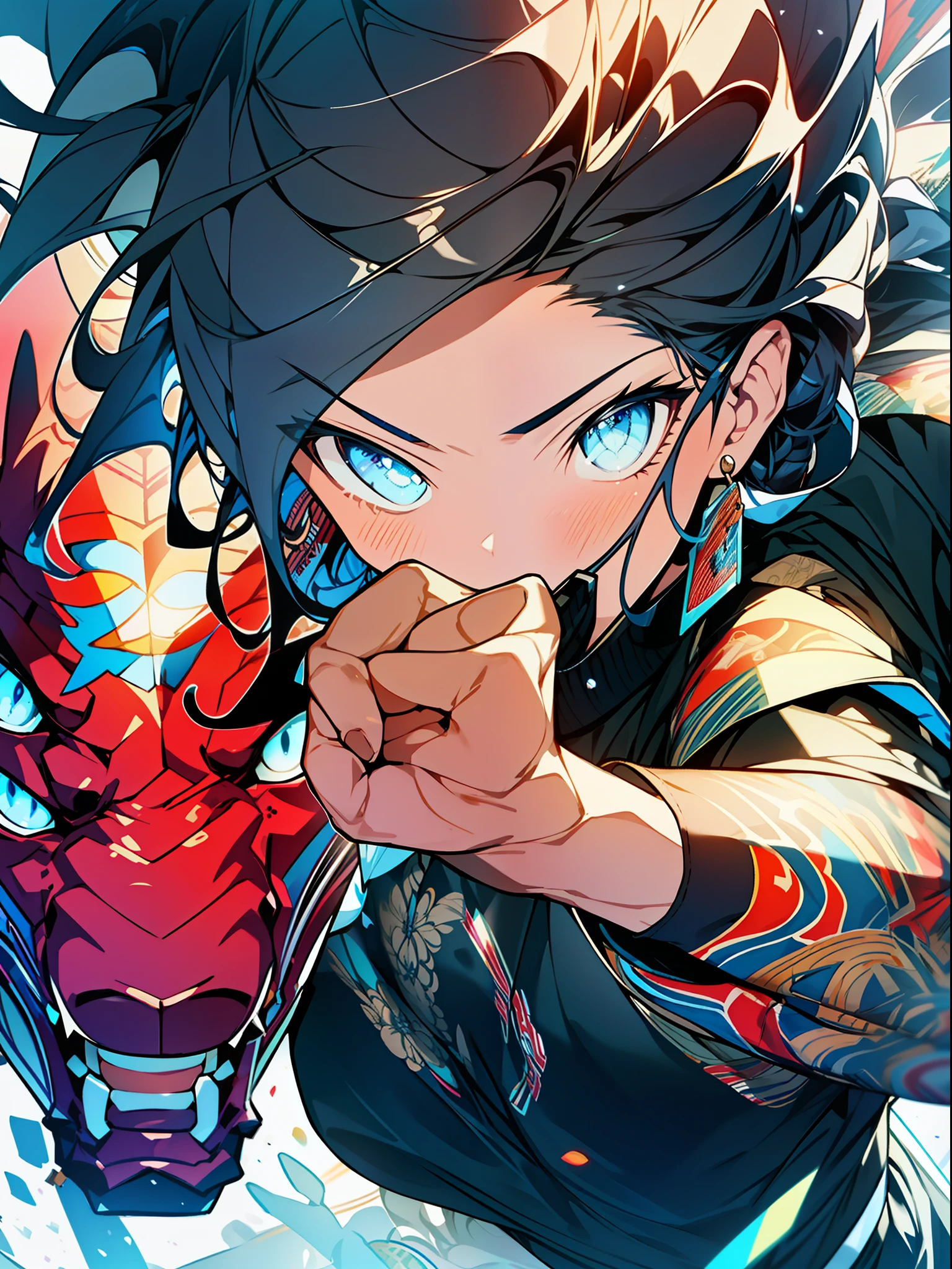 3girls, excellent lighting, sidelighting, (curvy: 1.2), vhsKeeper, background, mixed-language_text, Japanese graffiti letters, GUILTY GEAR -STRIVE style perfect(flat color: 1.3), (magazine_cover: 1.4), (multicolored_background: 1.3), striped_background, card_background, mixed-language_text, :: comix style by joe madureira :: , perfect and detailed, ultra detailed shirt with abstract design, with Japanese graffit letter print on the sides of the dress, image of full-body women fighting alongside you with powerful dragons versus alien creature full of tentacles, with immersive effects, hover effect, background graffiti style tribal tattoo with vibrant colors "ultra hdr" detailed and with focus effect, (masterpiece: 1.2, best quality), (beautiful eyes finely detailed: 1.2), , ((Solo)), (Blue eyes:1.4), (Finely detailed eyes and detailed face with long eyelashes:1.3), in various full-body attack poses, (beautiful and clear background: 1.2),futuristic costume, super detailed circular metals Clinging to the arms and pants, fantastic paintings