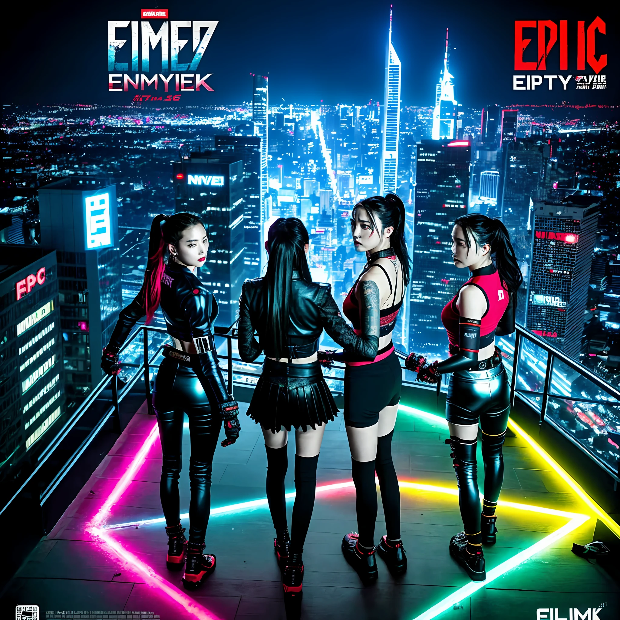 A poster of a movie, epic, cyberpunk, inkpunk, 3 female ninjas sit on the top of a building, night time, in style of red and black, sexy, ((from above))