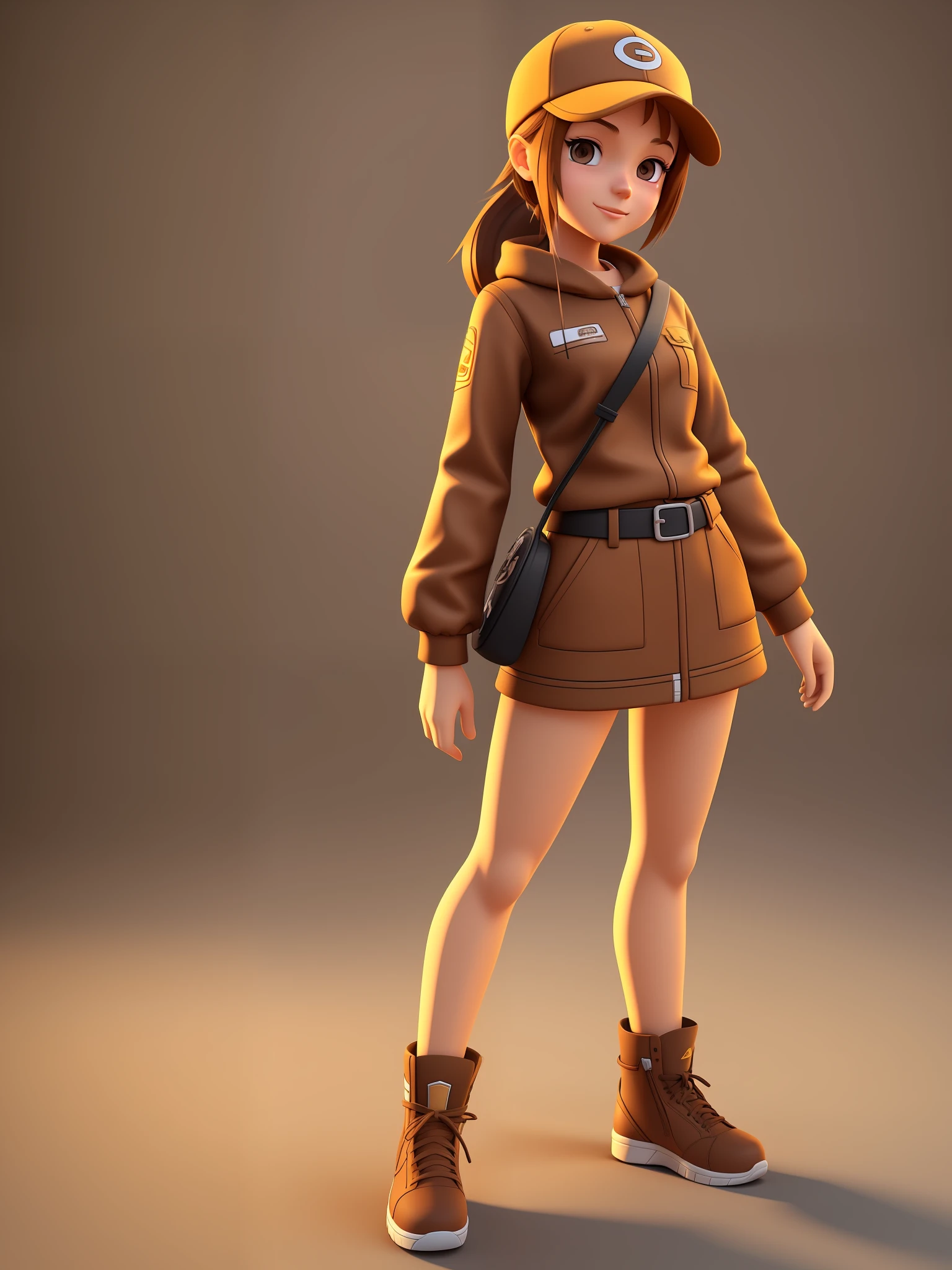 Young girl, a cartoon character wearing a light brown cap, (((brown eyes)))), stylized character, animation character, stylized 3d render, 3d character, highly detailed character, stylized anime, stylized 3d, render character, character model, full body