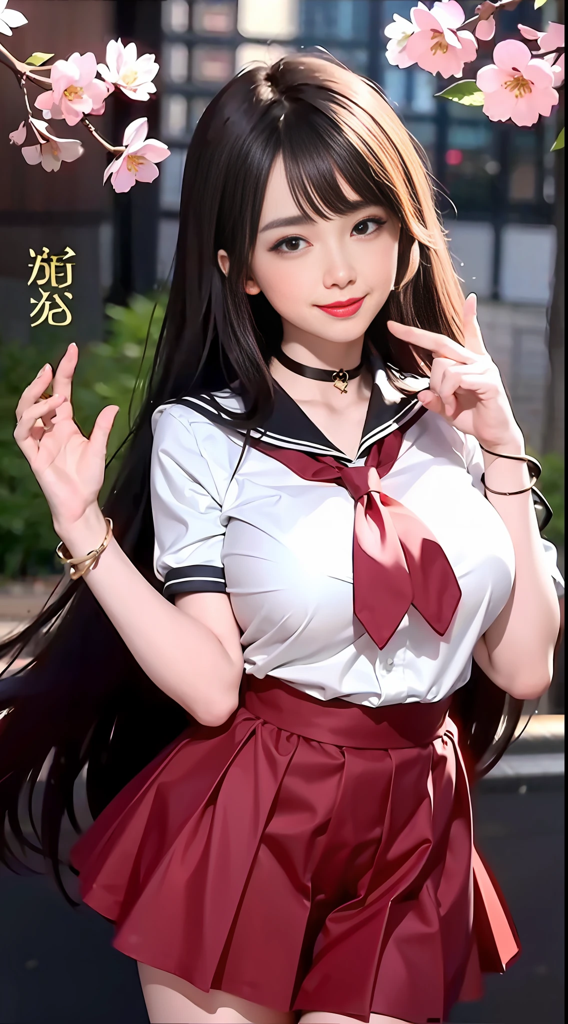 Masterpiece, Superb Piece, Full Body, 1girl, Bangs, Red Choker, Red Tie, Black Hair, Red Skirt, Blush, Bracelet, Beautiful Breast, Collared, Collared Shirt, Sailor Suit, Pierced Ears, Eyebrows Visible Through Hair, Gradient Hair, Grin, Gyaru, Jewelry, Kogal, Long Hair, Looking at the Audience, Loose Tie, Tie, Piercing, Sailor Skirt, Red Eyes, Ring, School Uniform, Smile, Solo, Street, Sky, Cherry Blossoms, Petals, Illustrations, (Magazine: 1.3), (Cover Style: 1.3), Fashion, Woman, Vitality, Dressing, Posing, Front, Colorful, Dynamic, Background, Element, Confident, Expressive, Holding, Statement, Attachment, Majestic, Coiled, Surround, Touch, Scene, Text, Cover, Bold, Eye-catching, Title, Fashion, Font, Catchy, Title, Bigger, Eye-catching, Modern, Fashionable, Focused