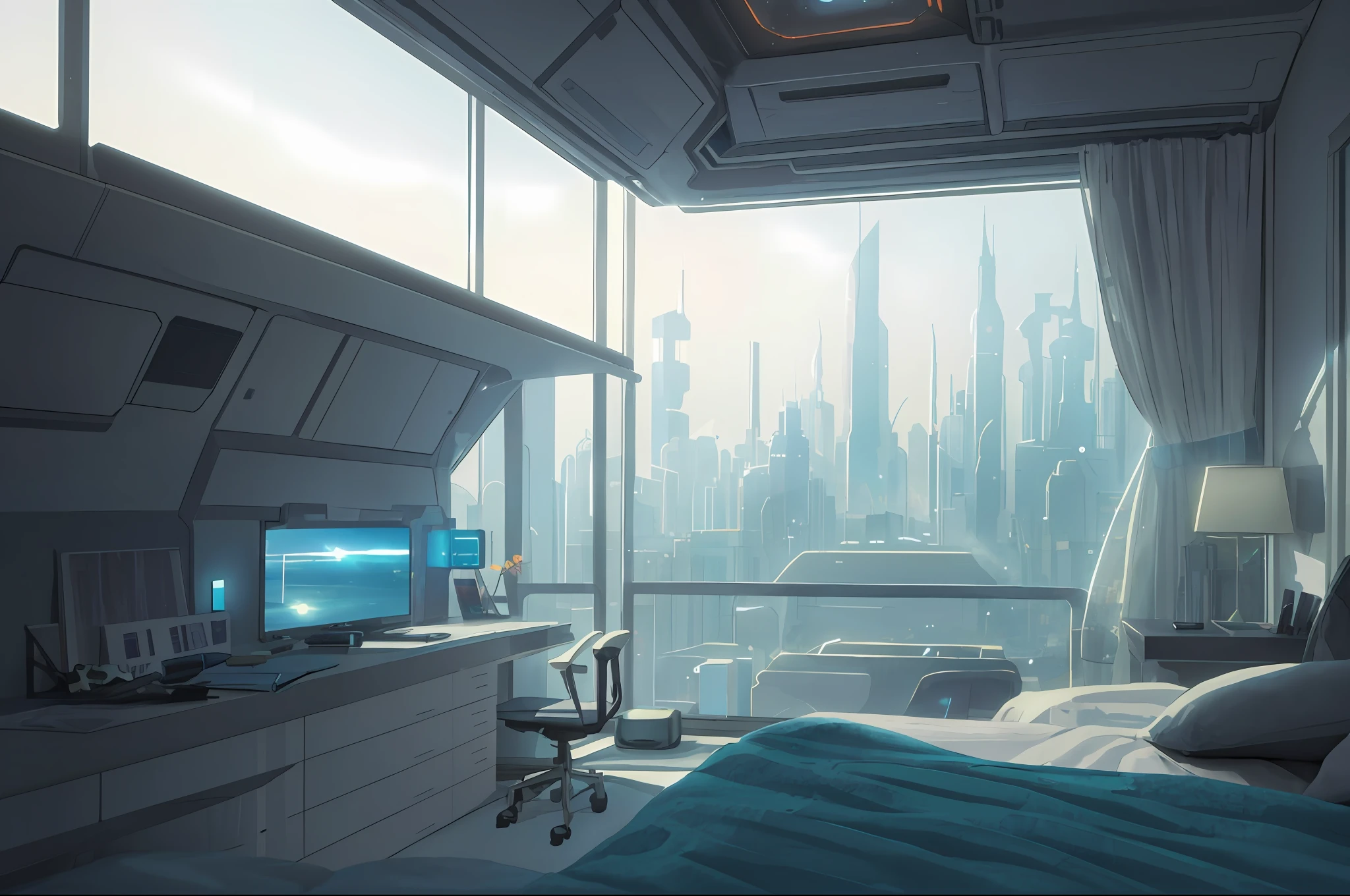 a gorgeous sci-fi bedroom matte painting by john harris, sparth and greg rutkowski. sharp edges, tiffany blue, grey orange, white and golden. sci-fi bedroom in a space base, outside the windows a future city skyline, light effect. ultra clear detailed, 3d, octane render 8k