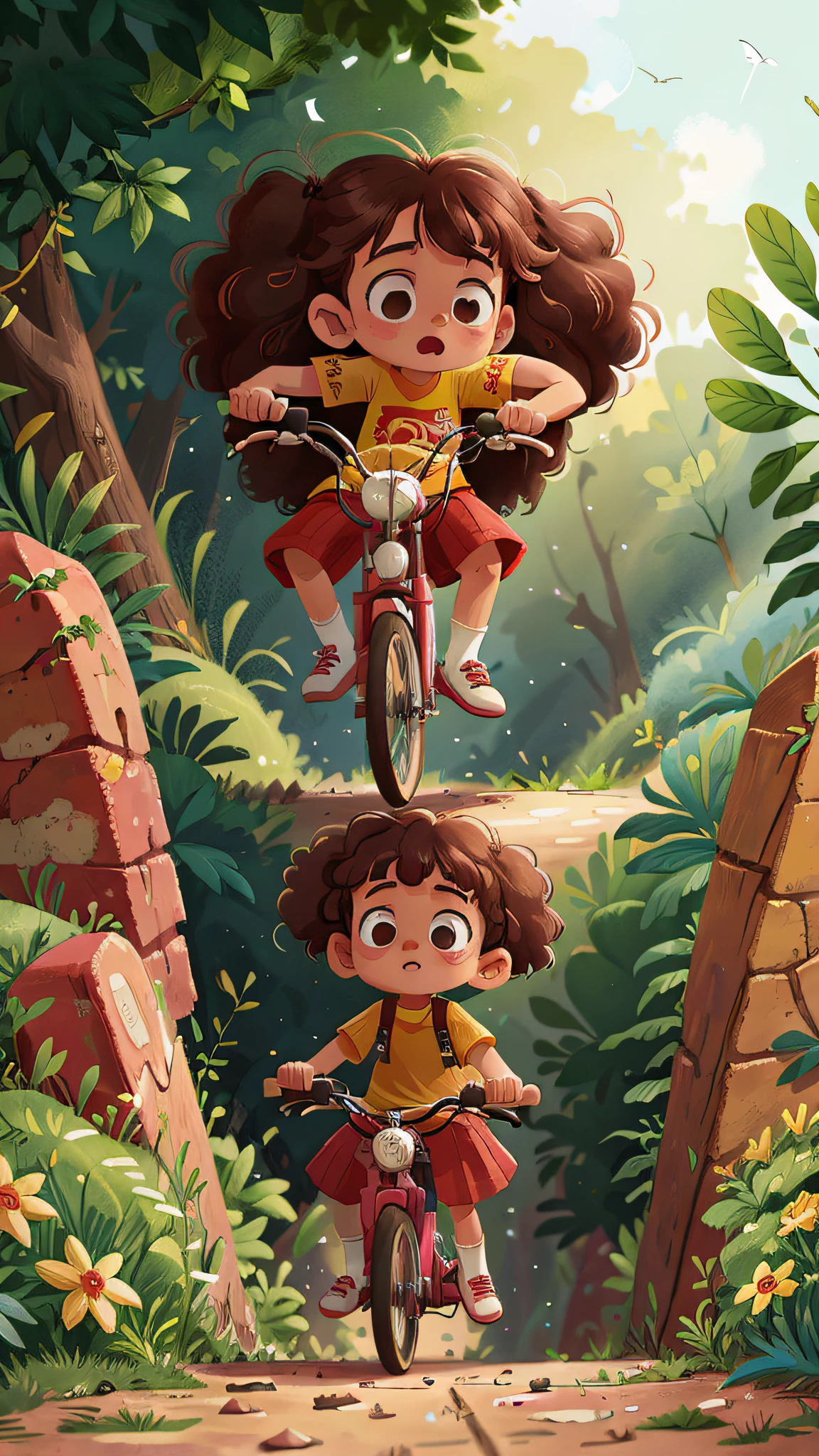 Two girls, twins, curly brown hair, riding a bike