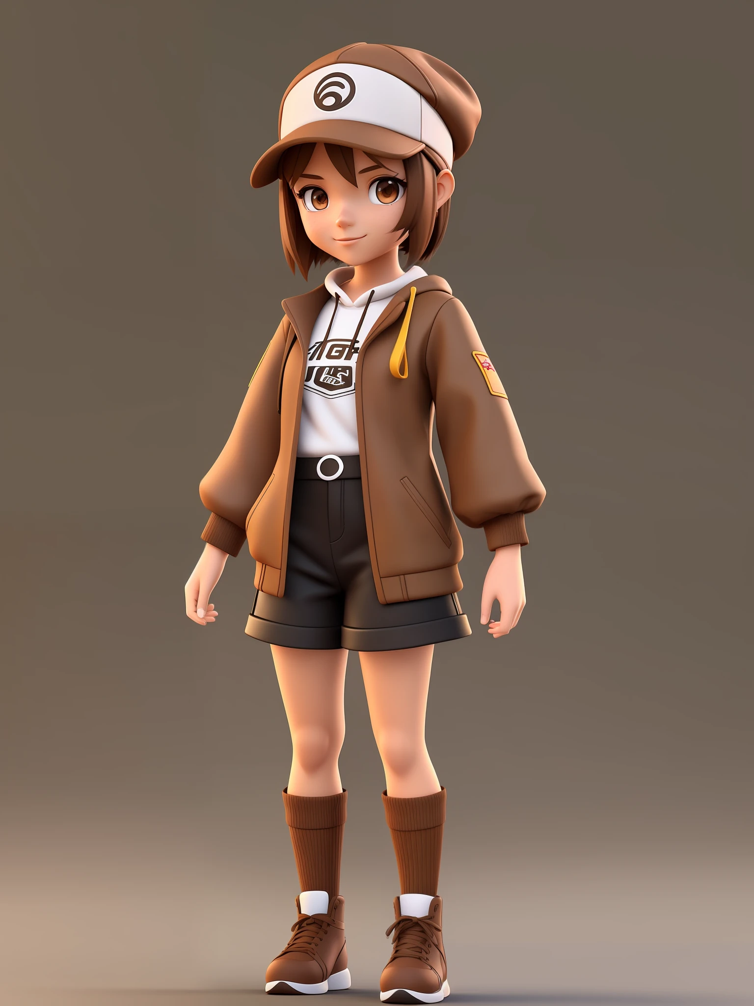 girl, a cartoon character wearing a light brown cap, (((brown eyes)))), stylized character, animation character, stylized 3d render, 3d character, highly detailed character, stylized anime, stylized 3d, render character, character model, full body