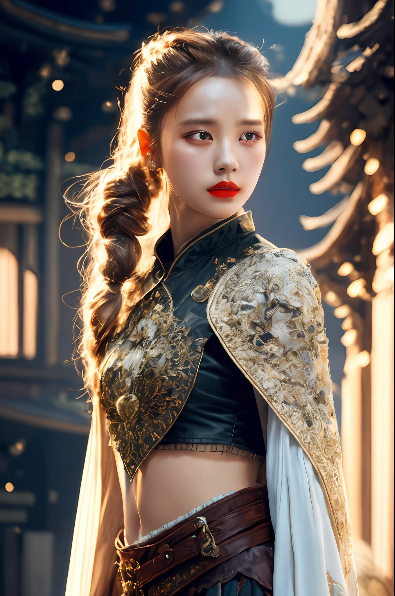 Masterpiece, best quality, (very detailed CG Unity 8k wallpaper), (best quality), (best illustration), (best shadow), beautiful woman, period costume, gauze skirt, bun, sadness, red lips