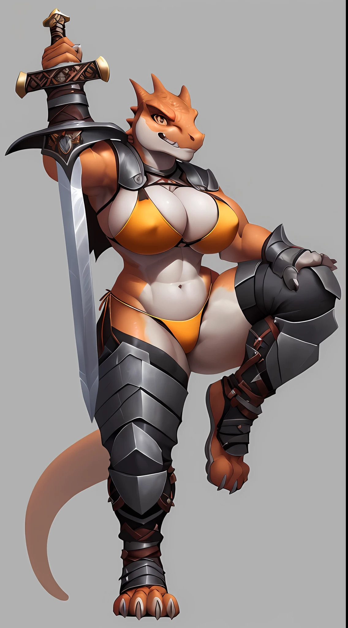 (orange lizard), anthro, orange, ((small bikini)), black, (underboob, under boob, cleavage), (wearing armor leggings), wearing chest plate, inner boob, cleavage overflow, bra spillage, high detail, high resolution, raw photo, gray background, 1girl, solo, (huge massive breasts), high quality, hi res, sharp, detailed body, detailed, cartoony, ((looking at viewer)), angry, mad, muffin top, whole body, ((full body portrait)), far away, (((full body concept))), attack pose, battle pose, sword pose, ((holding sword)), Medieval, rpg, ((nipple outline, erect nipple, huge nipple)), thick thighs