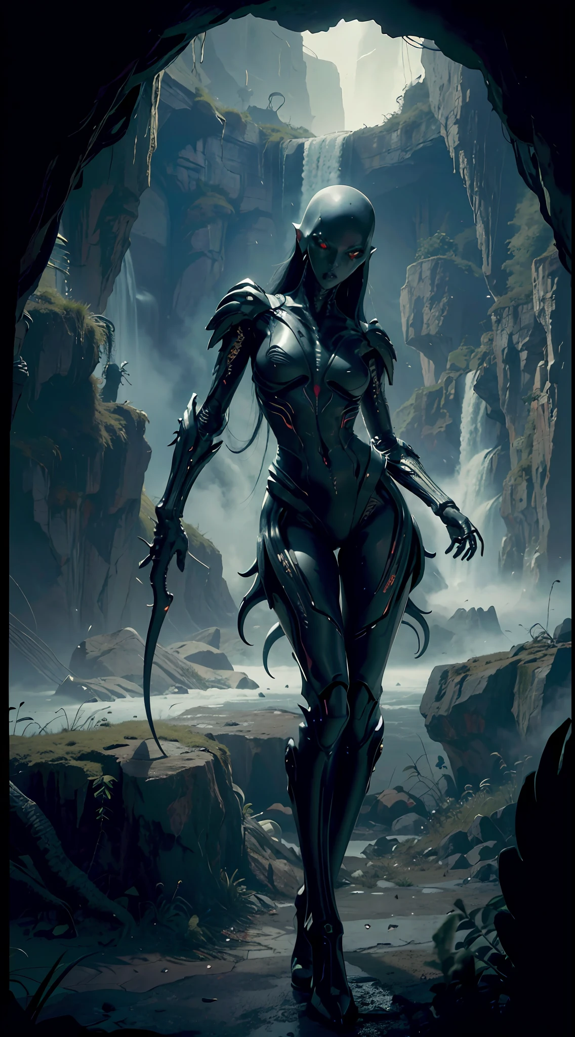 Beautiful Female Xenomorph, photorealistic style, creature, sci-fi, dark, sleek texture, shiny exoskeleton, biomechanical design, elongated head, elongated jaw, sharp teeth, piercing black eyes, slender body, biomechanical tail, translucent membrane, eerie atmosphere, lush alien landscape, vibrant flora, mysterious rock formations, atmospheric lighting, cascading waterfalls, ethereal mist, distant alien sky, captivating celestial bodies
