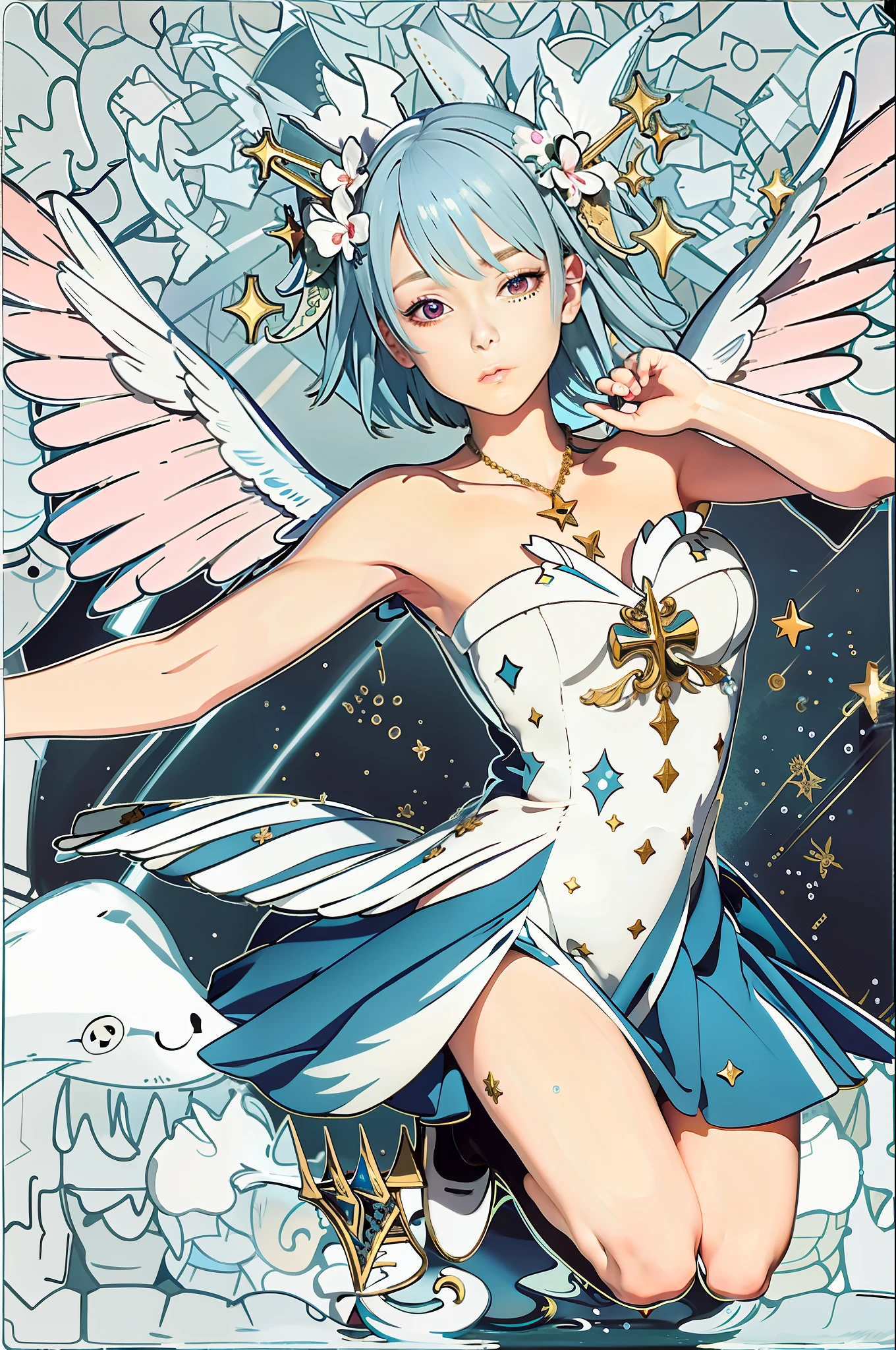 2d, masterpiece, best quality, anime, highly detailed face, highly detailed eyes, highly detailed background, perfect lighting, full body, 1girl, solo, short blue hair, pink eyes, shimmering white long dress, angel wings, falling from the sky into the water