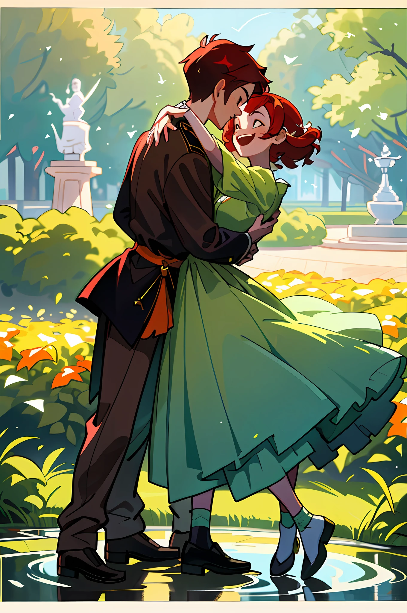 (best quality, masterpiece), (1boy, 1girl, face-to-face:1.1),In a charming square, we meet a couple of teenagers. The boy, a little taller than his girlfriend, stands out with his short, straight hair, which is a true work of art. Half of it is dyed a vibrant green, while the other half is a rich brown, creating a unique and bold contrast. His eyes sparkle with enthusiasm and his smile is infectious.
Embracing him is his girlfriend, with stunning red hair that falls gracefully over his shoulders. Her red hairs are a display of liveliness and her appearance is accentuated by the round prescription glasses she wears, adding a touch of intellectuality and charm to her look.
Both are dressed in elegant green clothes, which perfectly match the environment around them. The golden details on her clothes add an extra shine and a touch of sophistication. They emanate youth and energy, radiating happiness while enjoying each other's company.
The square they are in is a haven of tranquility and beauty. Colorful flowers adorn the flowerbeds and perfume the air with their sweet fragrances. Wooden benches are strategically positioned around the square, inviting couples in love to enjoy moments of tenderness and connection.
A central fountain spreads crystal clear water at a gentle pace, providing a serene soundtrack to the couple's encounter. The tall, leafy trees offer shade and a sense of intimacy, while birds sing harmonious melodies, adding a touch of serenity to the environment.
The sun shines softly, illuminating the couple's face and creating a special sparkle in their eyes. Together, they share a moment of complicity and love, enjoying the peace and beauty of the square and each other's presence.
In this charming setting, the couple conveys an image of youth, joy and connection, demonstrating the power of love in the midst of an environment of tranquility