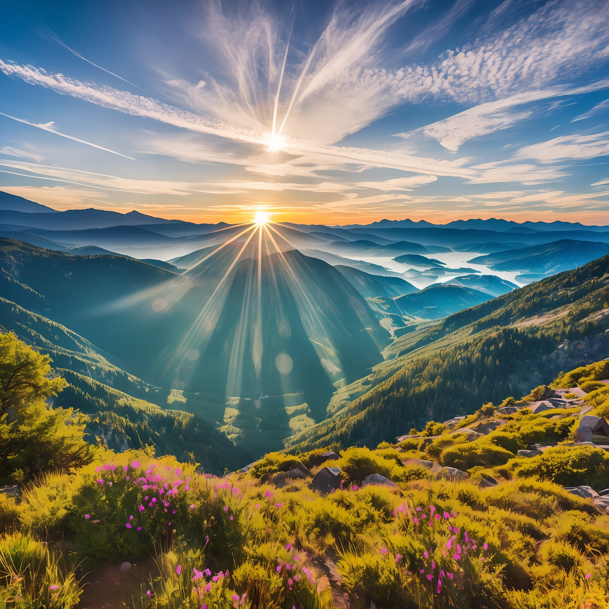 best quality, 8k, raw, masterpiece, landscape, photo, sony a7iii camera, 14mm f1.8 lens, mountains, sun, stunning landscape, hyperrealism, high color fidelity, hdr --auto --s2