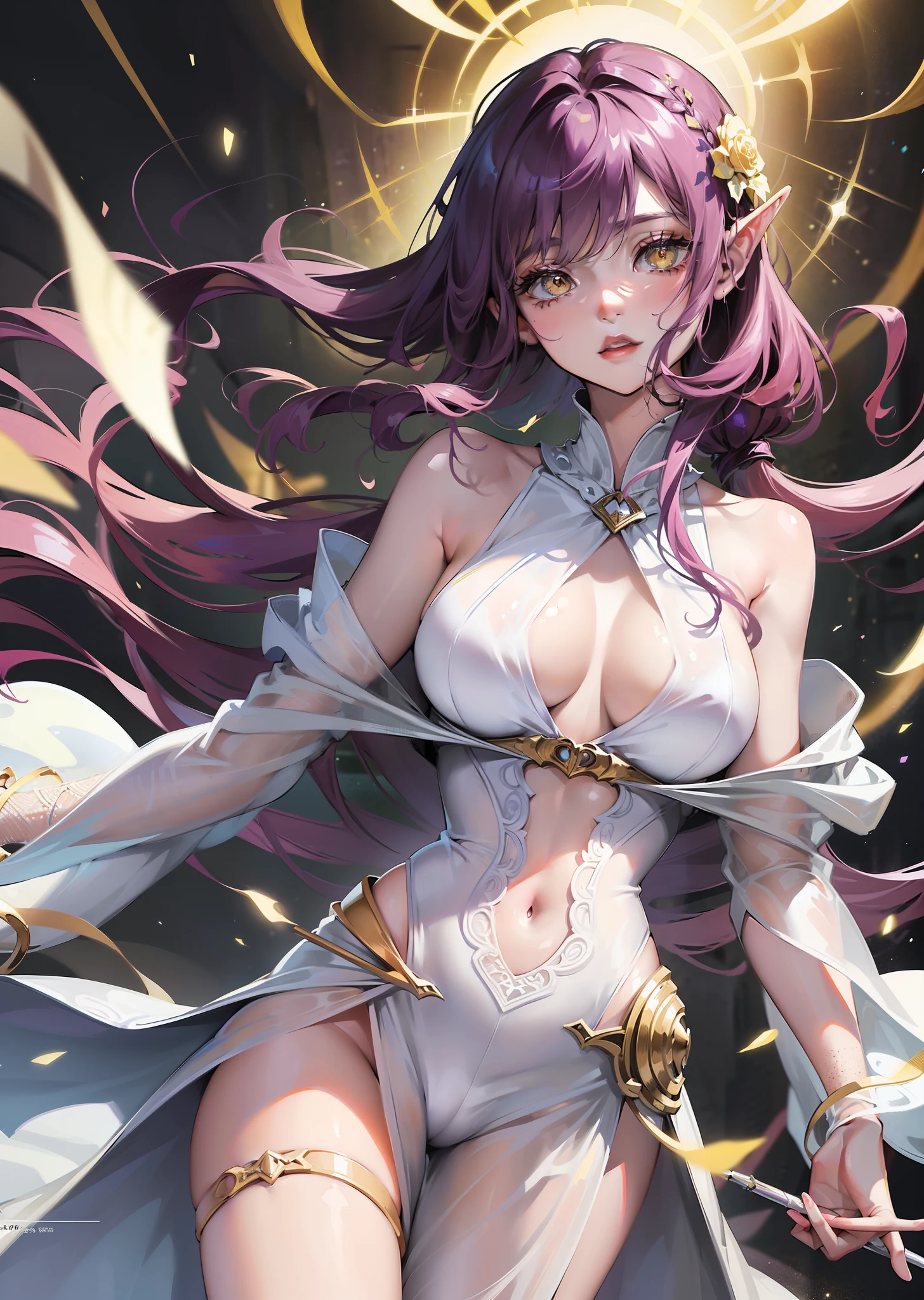 magazine, (magazine cover:1.2), space nymph, magic nymph, purple hair, curly hair, yellow eyes, fashionable clothes, star glare on the body, flashes of magic, healthy skin, magical pattern on the skin, translucent dress, body hugging the whole body, the dress barely covers breasts, hot, non nude, sexy, fashionable pose, fashion, fashionable length, gorgeous body, fantasy, Greek fashion dress, light, delicate, high detail, digital painting, (fashion_magazine_cover:1.3), concept art, matte, clear focus, illustration, Fashion design, mannequin, reference, anime fashion