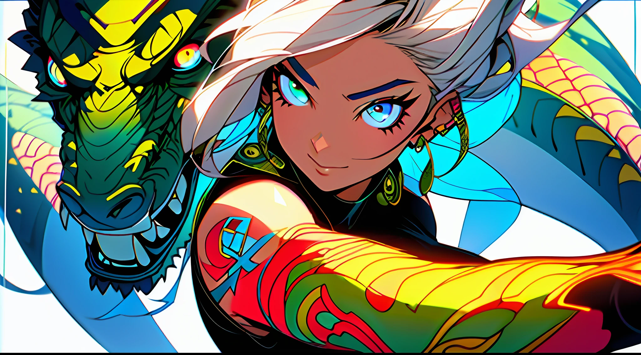 3girls, excellent lighting, sidelighting, (curvy: 1.2), vhsKeeper, background, mixed-language_text, Japanese letters in graffit, perfect GUILTY GEAR -STRIVE style, image of full-body women fighting alongside you with powerful dragons versus alien creature full of tentacles, with immersive effects, hover effect, background style graffiti tribal tattoo with vibrant colors "ultra HDR" detailed and with focus effect, (masterpiece: 1.2, best quality), (finely detailed beautiful eyes: 1.2), , ((Solo)), (Eyes:1.4), (Finely detailed eyes and detailed face with long eyelashes:1.3), in various full-body attack poses, (beautiful and clear background: 1.2),futuristic costume, Super detailed circular metals Clinging to arms and pants, fantastic paintings (flat color: 1.3), (magazine_cover: 1.4), (multicolored_background: 1.3), striped_background, card_background, mixed-language_text, :: comix style by joe madureira :: , perfect and detailed, ultra detailed shirt with abstract design, with Japanese graffit print on the sides of the dress,