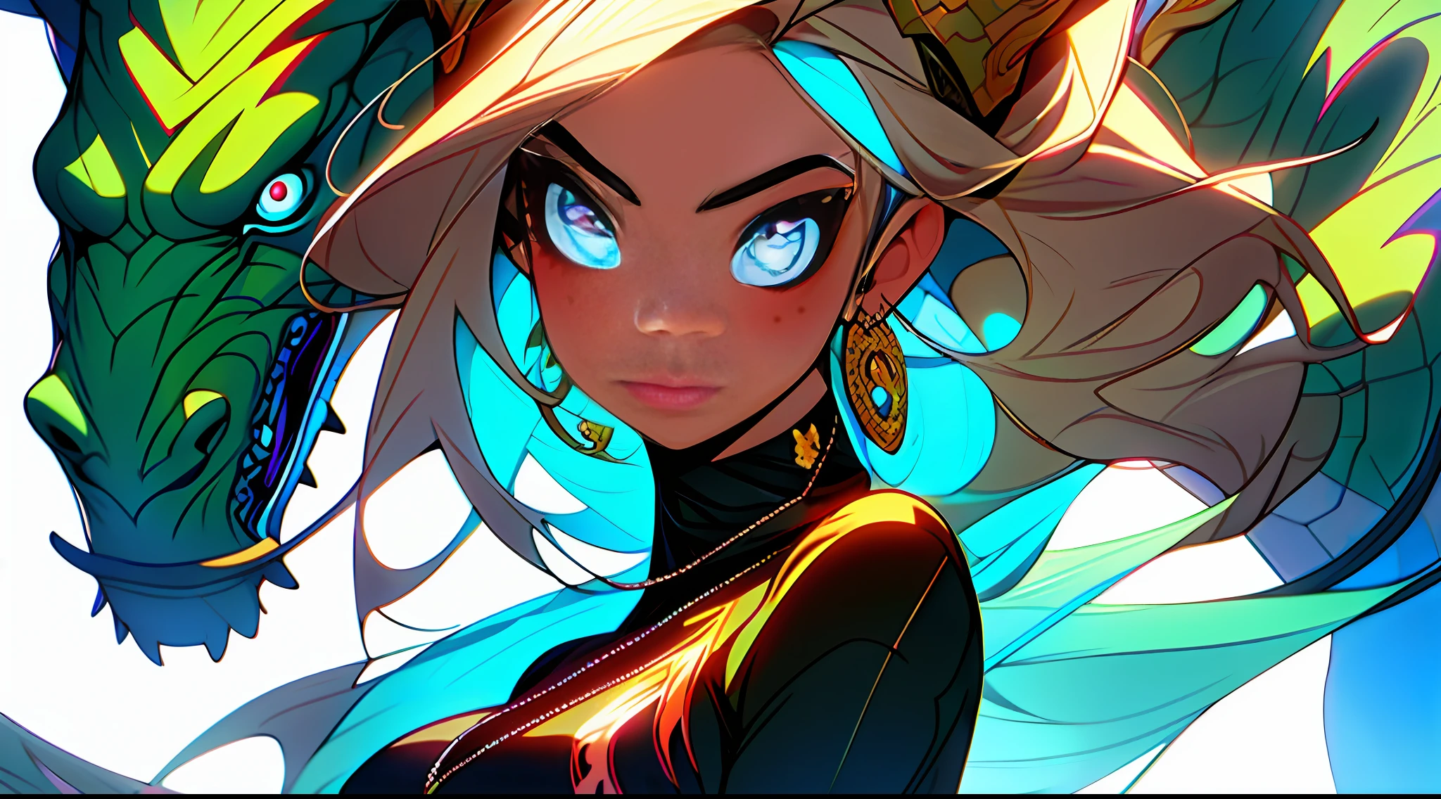 3girls, excellent lighting, sidelighting, (curvy: 1.2), vhsKeeper, background, mixed-language_text, Japanese letters in graffit, perfect GUILTY GEAR -STRIVE style, image of full-body women fighting alongside you with powerful dragons versus alien creature full of tentacles, with immersive effects, hover effect, background style graffiti tribal tattoo with vibrant colors "ultra HDR" detailed and with focus effect, (masterpiece: 1.2, best quality), (finely detailed beautiful eyes: 1.2), , ((Solo)), (Eyes:1.4), (Finely detailed eyes and detailed face with long eyelashes:1.3), in various full-body attack poses, (beautiful and clear background: 1.2),futuristic costume, Super detailed circular metals Clinging to arms and pants, fantastic paintings (flat color: 1.3), (magazine_cover: 1.4), (multicolored_background: 1.3), striped_background, card_background, mixed-language_text, :: comix style by joe madureira :: , perfect and detailed, ultra detailed shirt with abstract design, with Japanese graffit print on the sides of the dress,
