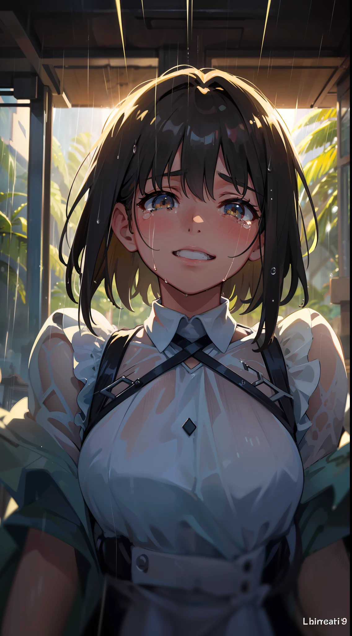Tears of joy, close up, overlook angle, look up, desert background, girl, embracing the rainwater with palms facing upwards, exaggerated performance, happy, tears, dynamic, masterpiece, best quality, dramatic tension, cinematic angle, rainy day, ray tracing, depth of field, delicate detail, luminism, highly detailed hyper realistic painting, concept art