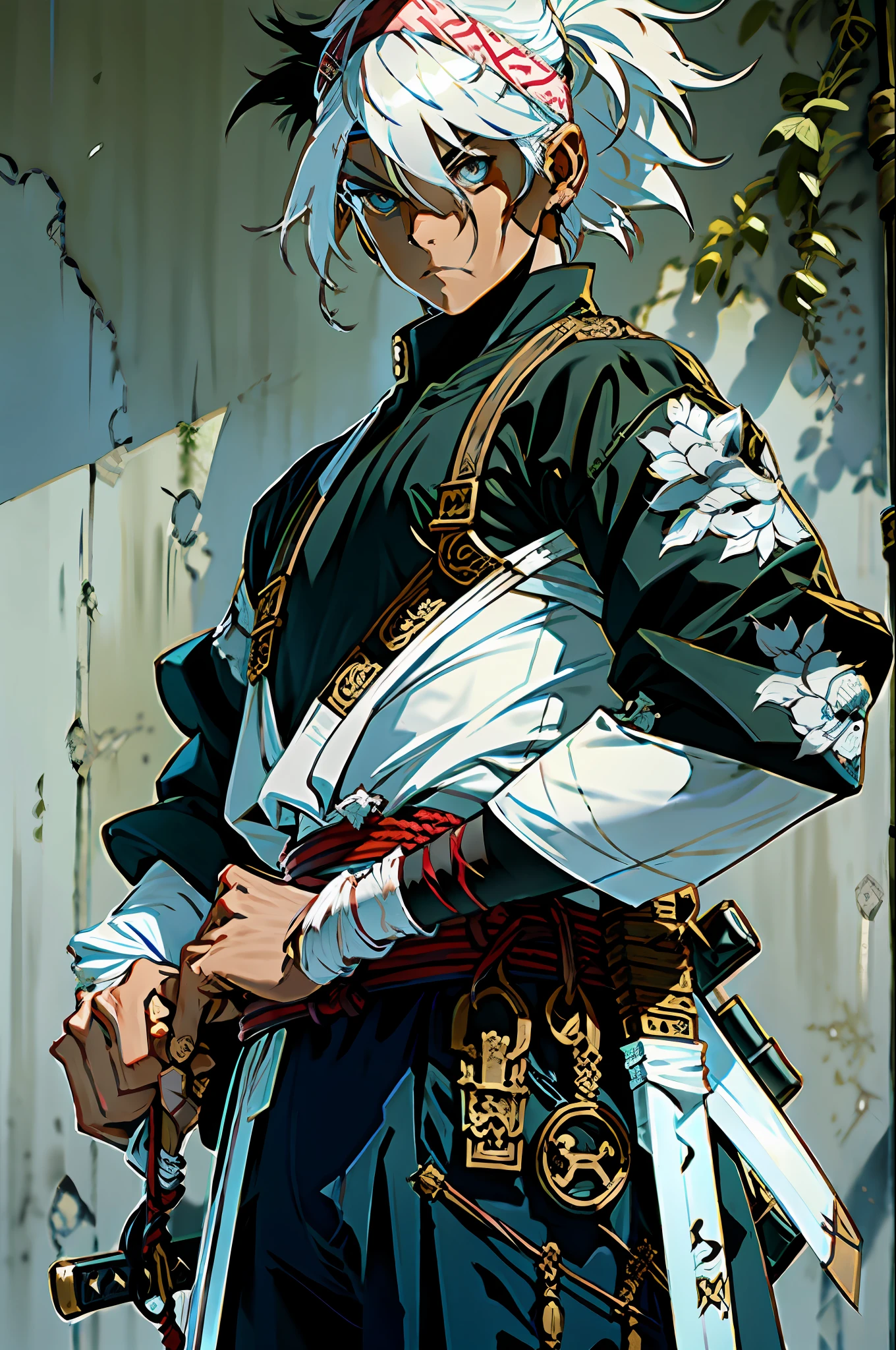 sword, weapon, katana, sheath, male_focus, sheathed, scabbard, bandages, 1boy, headband, white_hair, solo, weapon_on_back, ready_to_draw