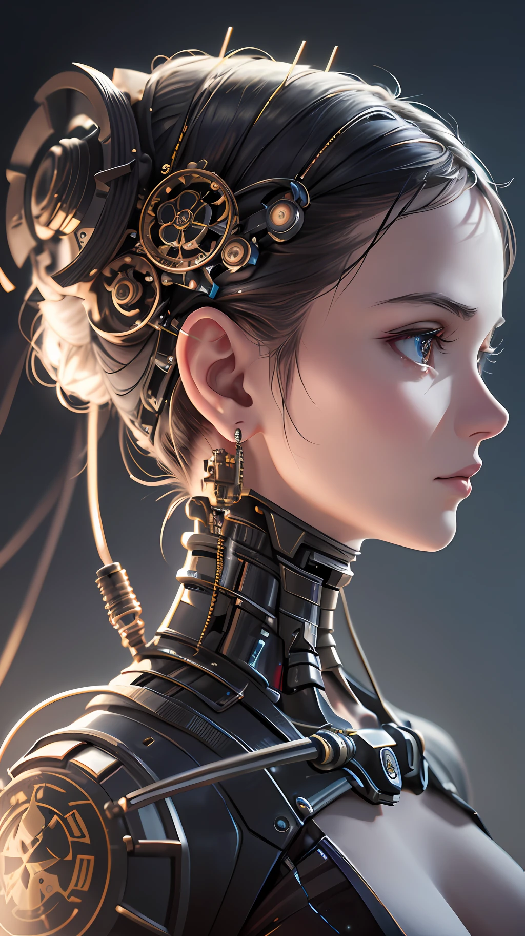 Beautiful photograph of a mechanical girl/android((ultra realistic details)), cinematic illumination, shadows and light, octane render, 8k, ultra sharp,metal,intricate, ornaments detailed, cold colors, Babylonian theme, highly intricate details, realistic light, trending on ArtStation, glowing eyes, facing camera, neon details, mechanical limbs,blood vessels connected to tubes,mechanical vertebra attaching to back,mechanical cervical attaching to neck,wires and cables connecting to the head, depth of field f/2.8