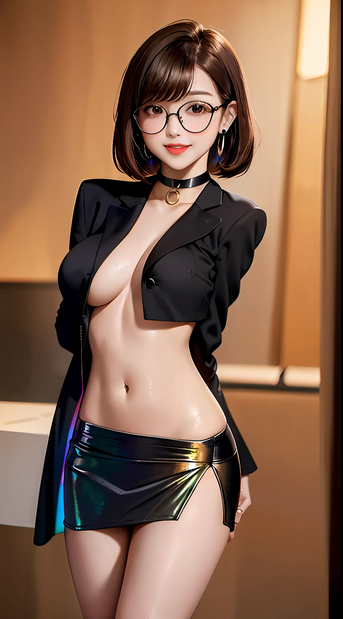 photo of a lady in a black blazer, , light brown hair, open-chest seduction, ((iridescent ((mini))skirt)), angled bob, blush, bangs, (big breasts:1.25), ribbon choker, circular glasses, (full), slim, smile, earrings, office, standing, 8K quality, {nsfw:0.8},