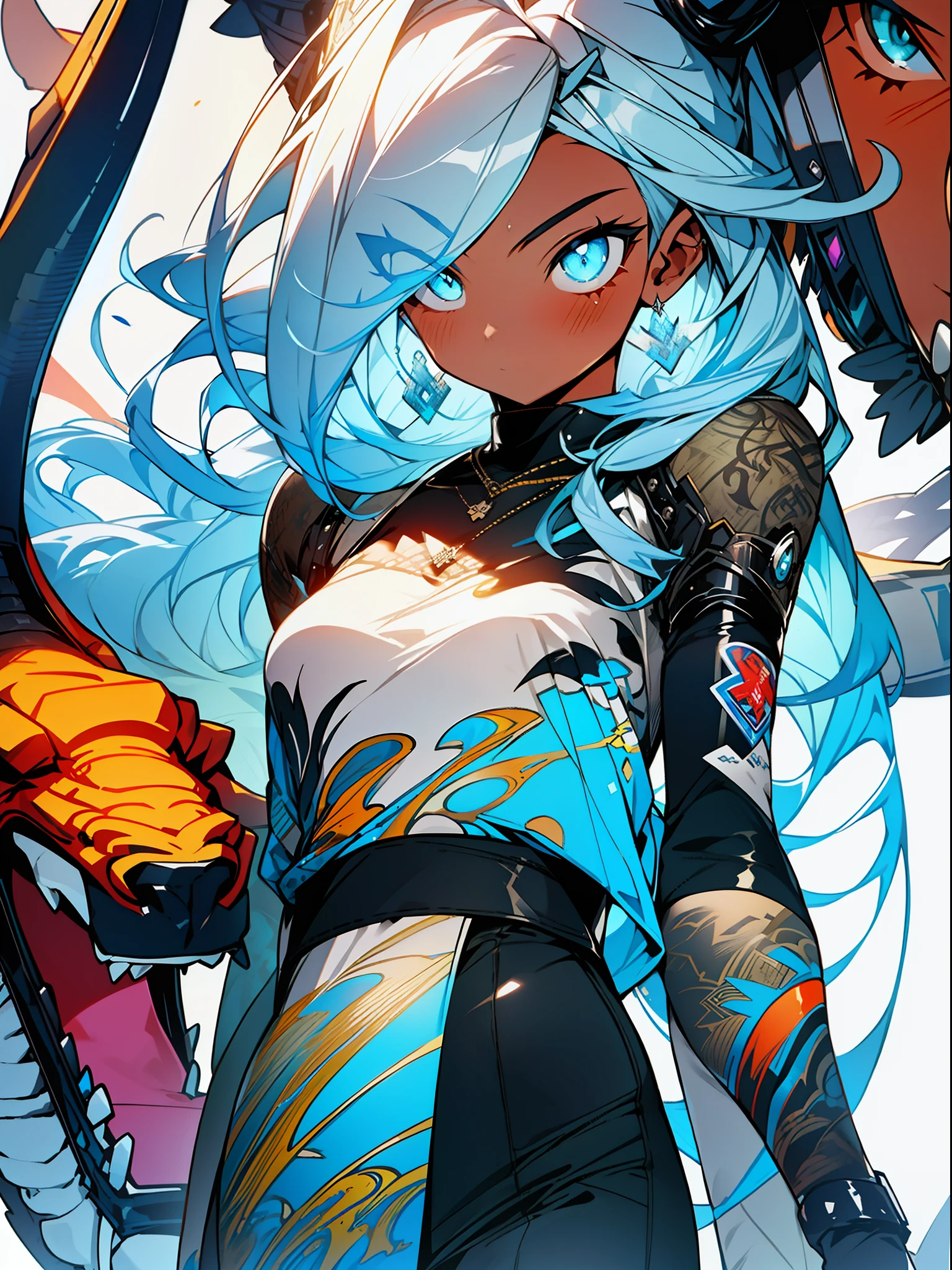 3girls, excellent lighting, sidelighting, (curvy: 1.2), vhsKeeper, background, mixed-language_text, Japanese graffiti letters, GUILTY GEAR -STRIVE style perfect(flat color: 1.3), (magazine_cover: 1.4), (multicolored_background: 1.3), striped_background, card_background, mixed-language_text, :: comix style by joe madureira :: , perfect and detailed, ultra detailed shirt with abstract design, with Japanese graffit letter print on the sides of the dress, image of full-body women fighting alongside you with powerful dragons versus alien creature full of tentacles, with immersive effects, hover effect, background graffiti style tribal tattoo with vibrant colors "ultra hdr" detailed and with focus effect, (masterpiece: 1.2, best quality), (beautiful eyes finely detailed: 1.2), , ((Solo)), (Blue eyes:1.4), (Finely detailed eyes and detailed face with long eyelashes:1.3), in various full-body attack poses, (beautiful and clear background: 1.2),futuristic costume, super detailed circular metals Clinging to the arms and pants, fantastic paintings