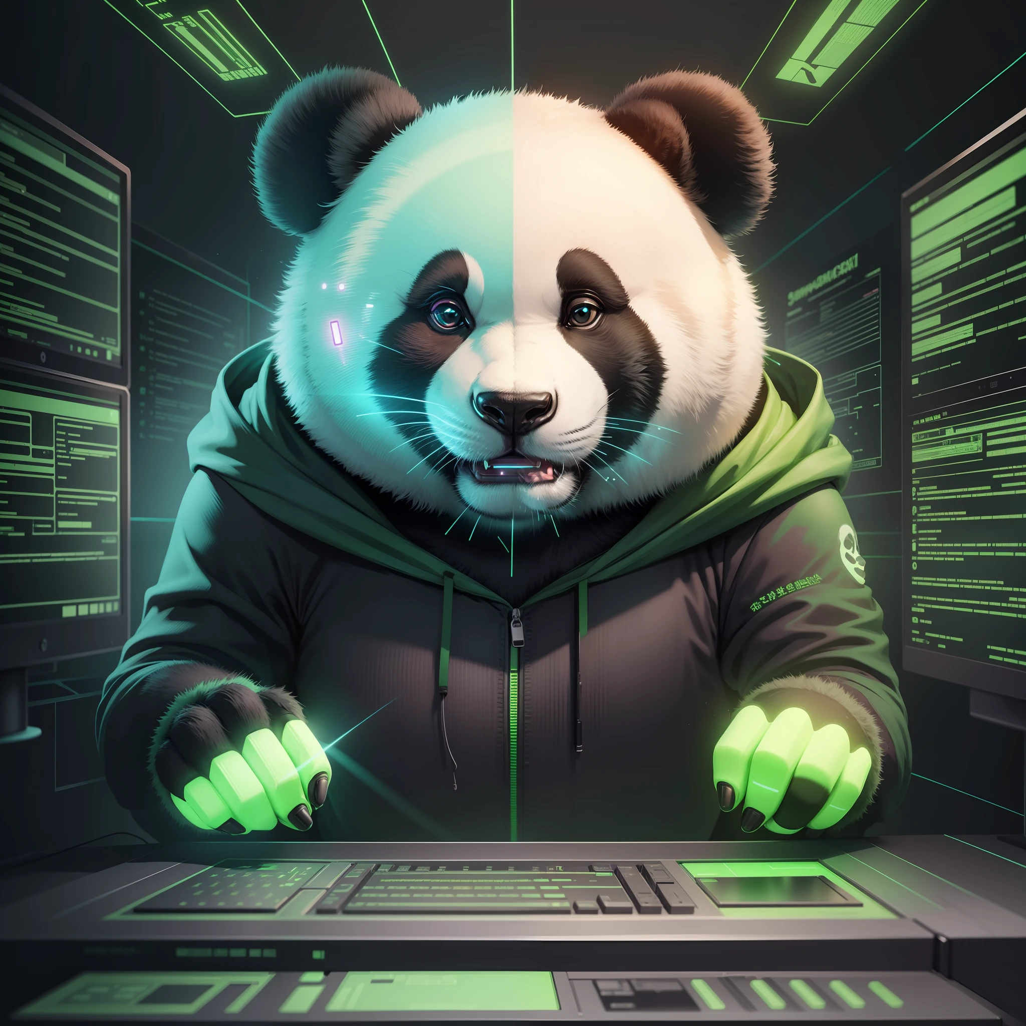giant panda hacking system in server computer, hacker, drawing lines, green light, neon, minimalist, 4k