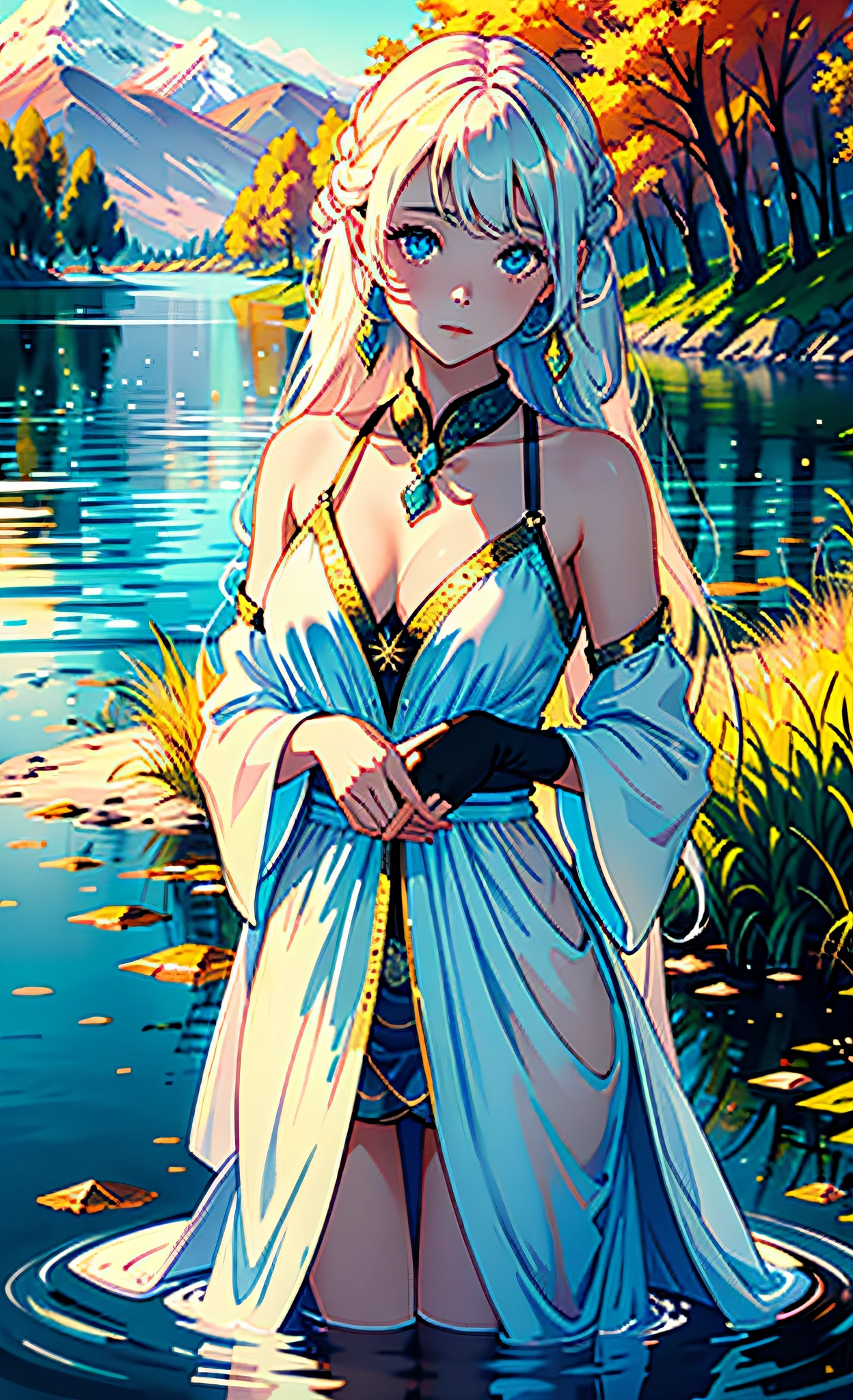 1 girl, serene expression, mesmerizing eyes, straight long hair, flowing dress, poised posture, porcelain skin, subtle blush, crystal pendant
BREAK
golden hour, (rim lighting):1.2, warm tones, sun flare, soft shadows, vibrant colors, painterly effect, dreamy atmosphere
BREAK
scenic lake, distant mountains, willow tree, calm water, reflection, sunlit clouds, peaceful ambiance, idyllic sunset, ultra detailed, official art, unity 8k wallpaper
, zentangle, mandala