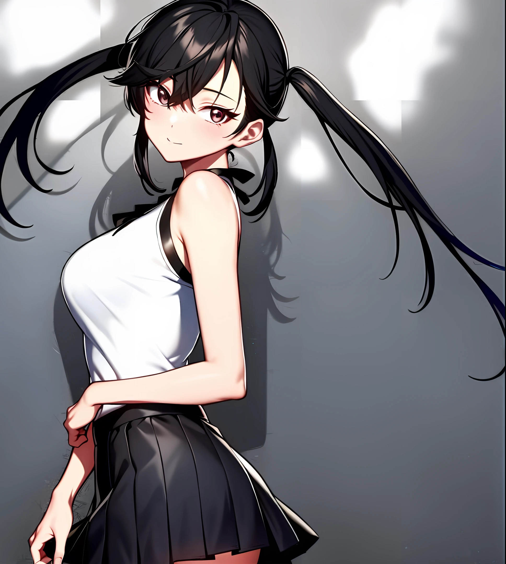 upper body, 1girl, mitaka asa, chainsaw man, black hair, (low twin tails: 1.1), posing sensualmemte, beautiful ,delicate,lifting her skirt