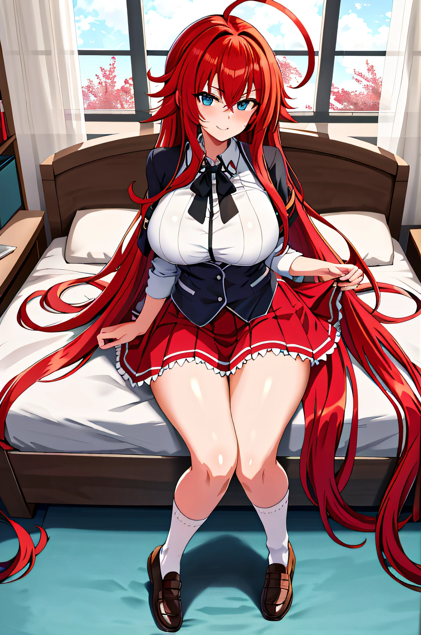 masterpiece, best quality, highres, best quality, highres, rias gremory, 1girl, long hair, school uniform, red hair, ahoge, blue eyes, large breasts, very long hair, breasts, skirt, huge ahoge, socks,