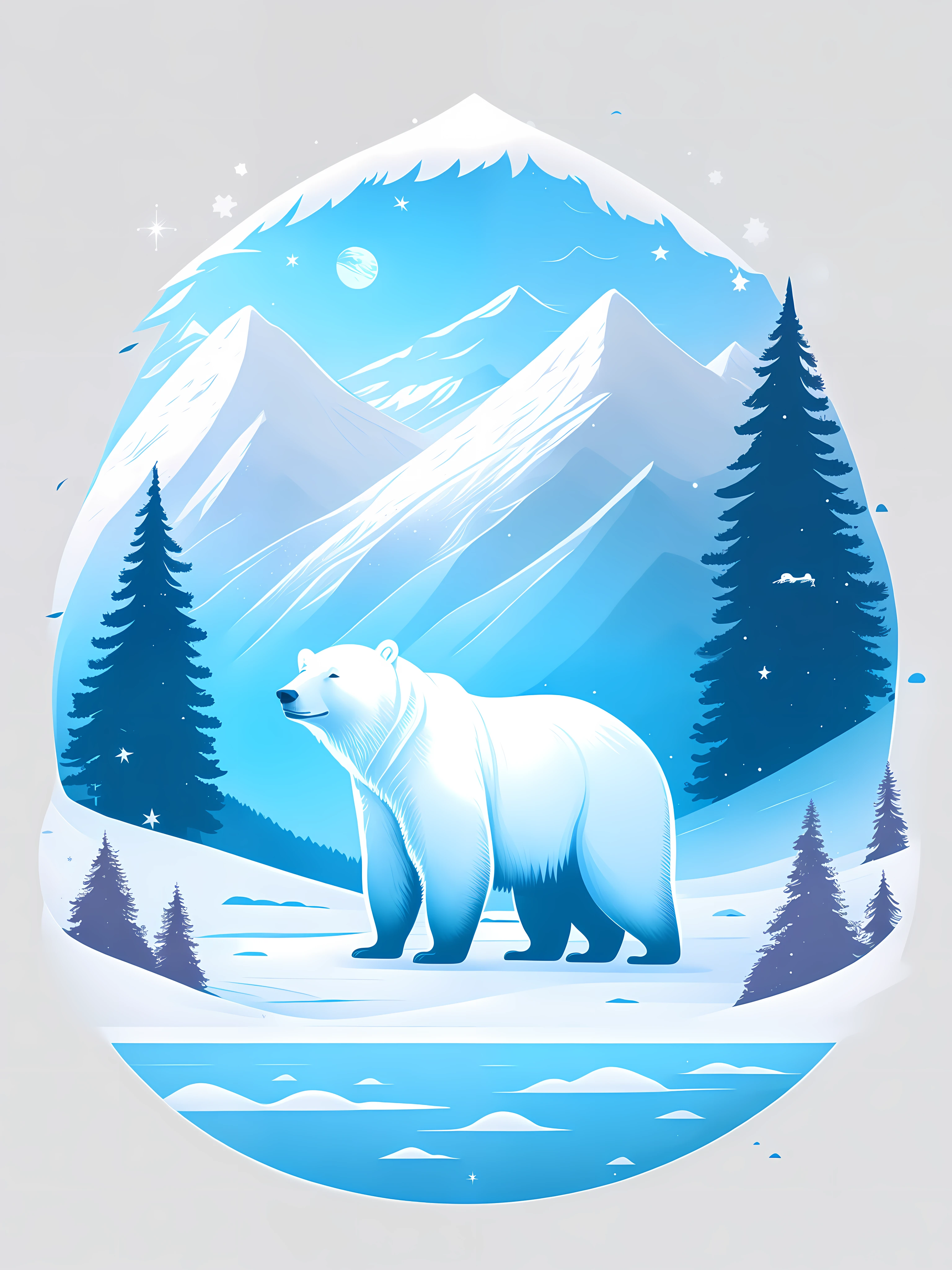 A polar bear, winter landscape, T-shirt design, rzminjourney, vector art