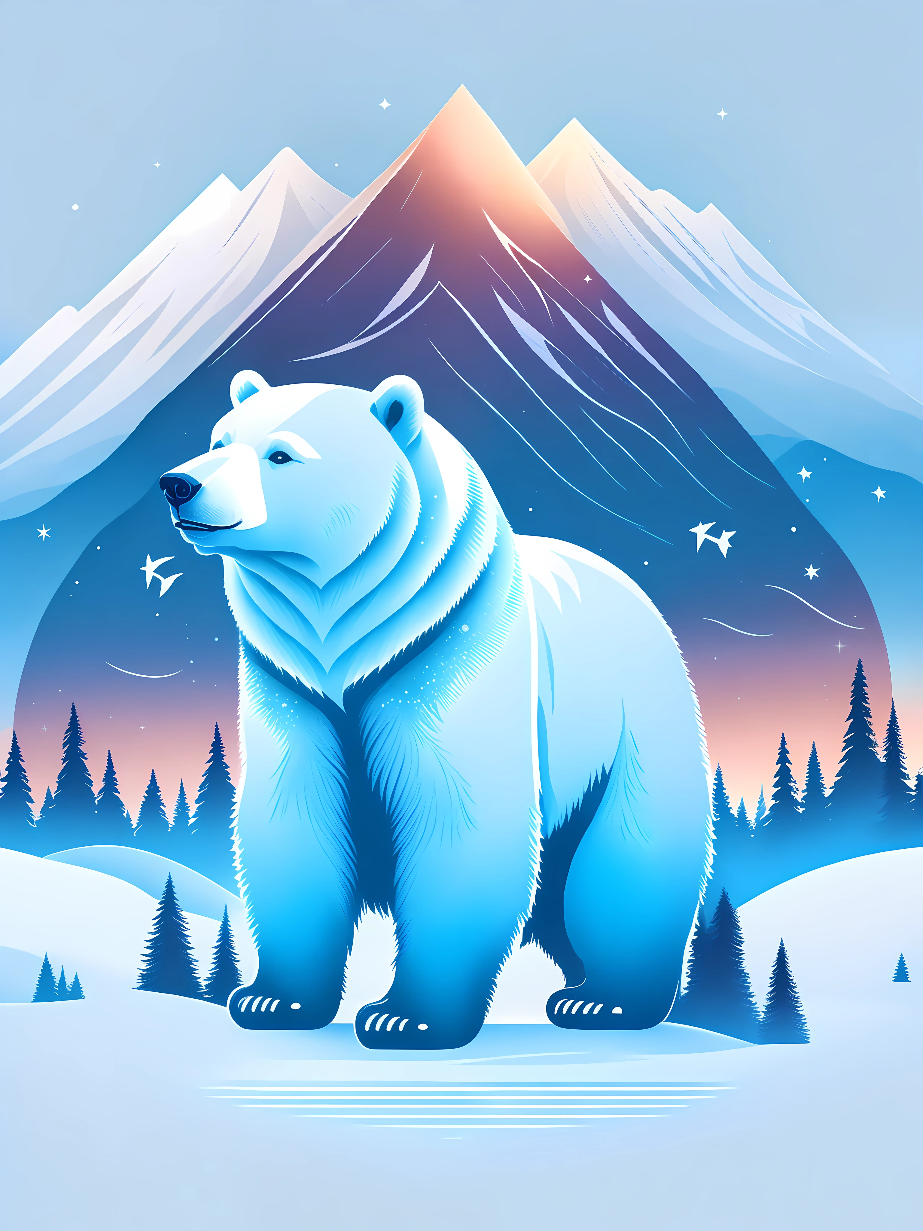 A polar bear, winter landscape, T-shirt design, rzminjourney, vector art