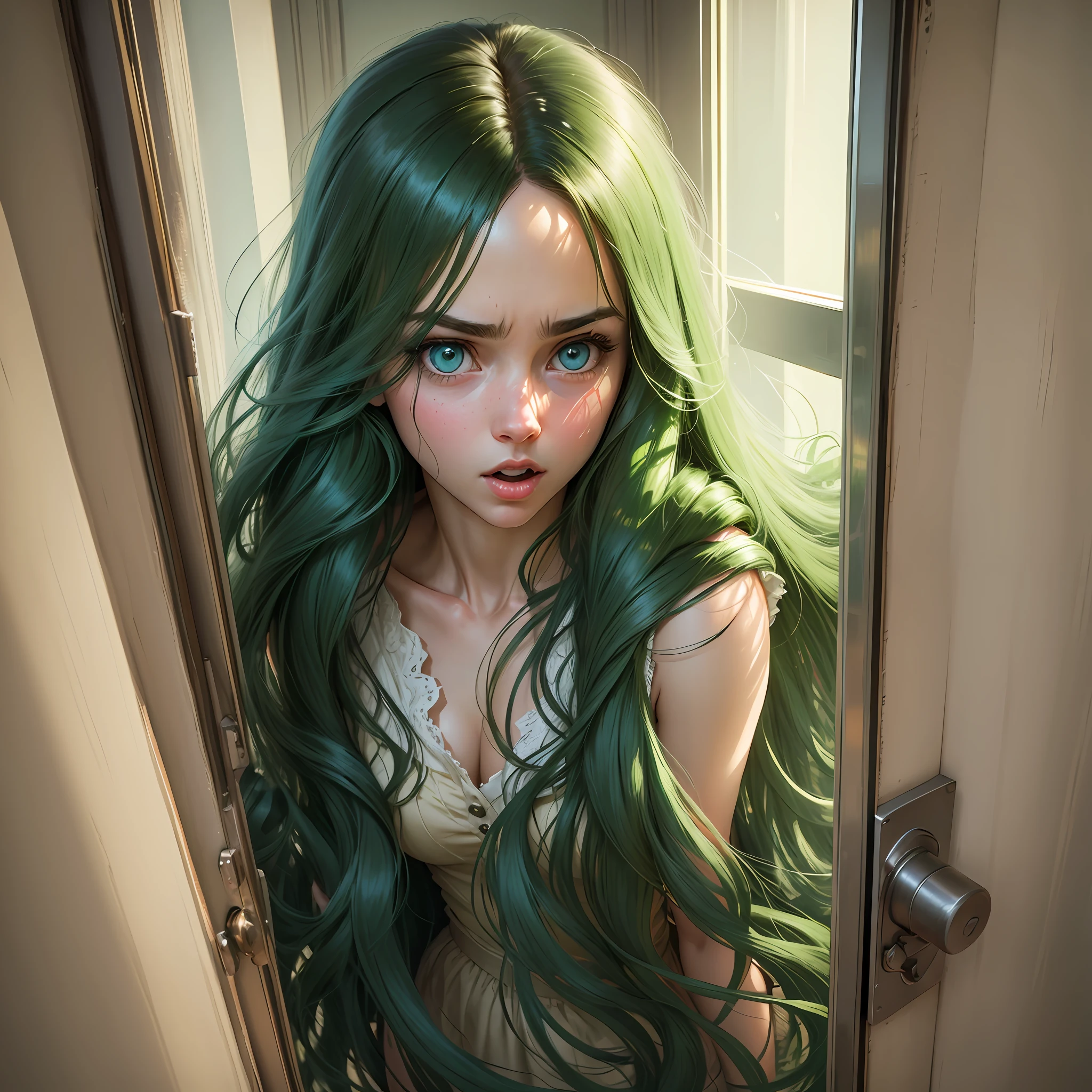 The bedroom door opens abruptly, revealing the surprised figure of Luke's girlfriend. [novel, portrait, emotion: surprised, girl, long hair, green eyes, dynamic pose, soft light, cinematic effect, photo-realistic]