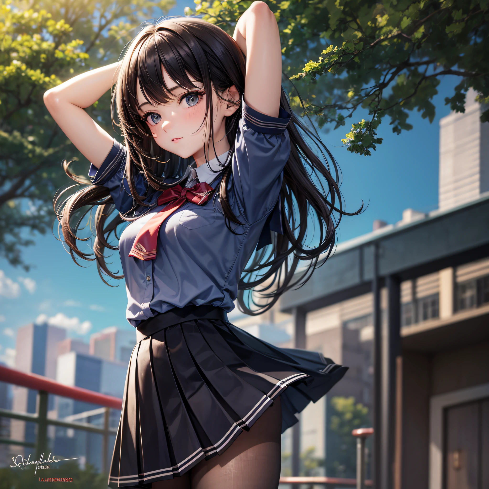 Masterpiece, high quality, ultra hd, rich colors, flat color, depth of field, lens flare1 girl, standing, brunette hair, look at the audience, school, playground, pleated skirt, take off school uniform, seravuk, black pantyhose, hands up, stretch , detail touch, detailed fabric texture, beautiful detailed face, 23 years old atmosphere, exposure